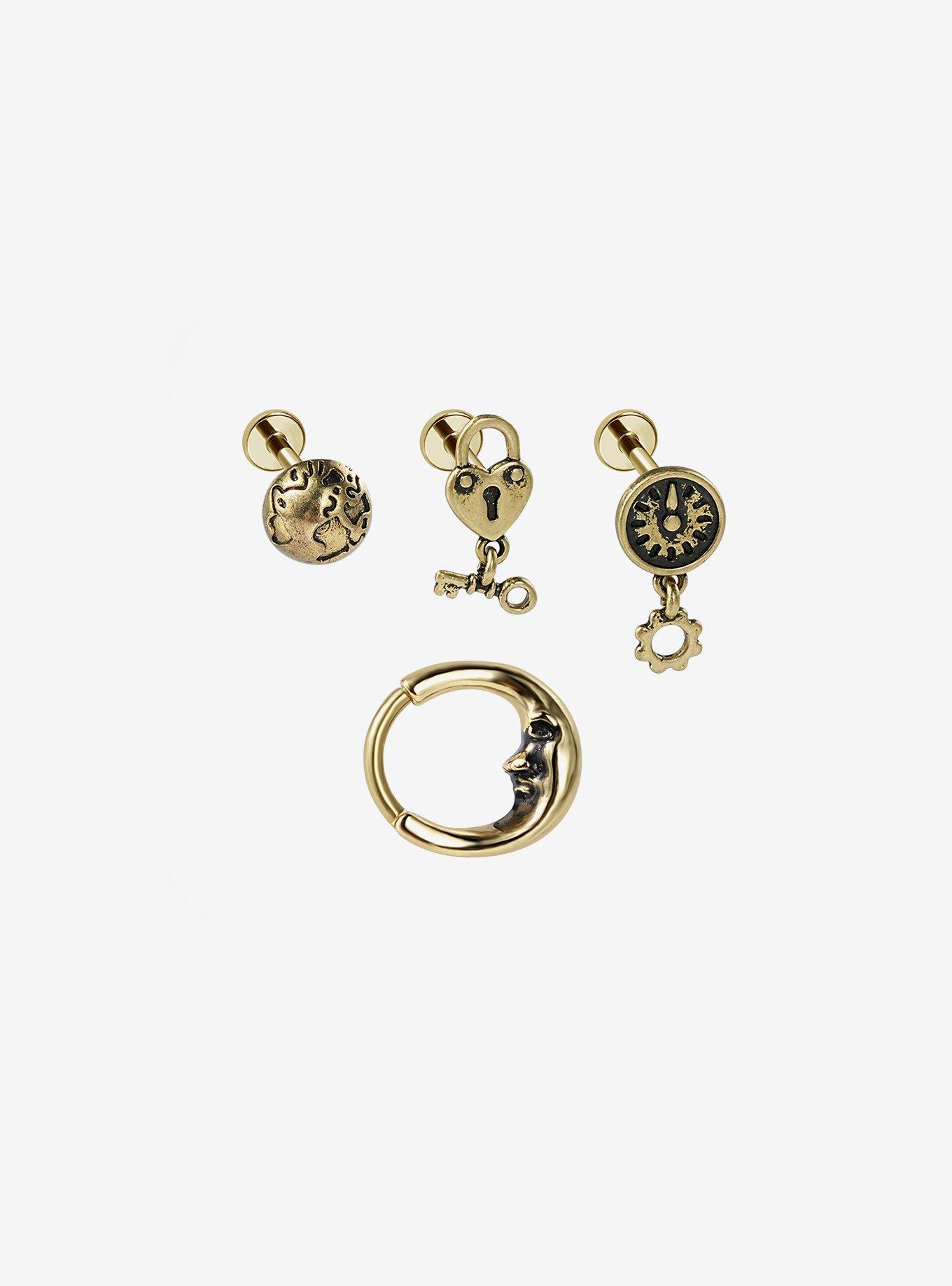 16G Steel Gold Moon & Globe Labret Stud & Captive Hoop 4 Pack, , hi-res