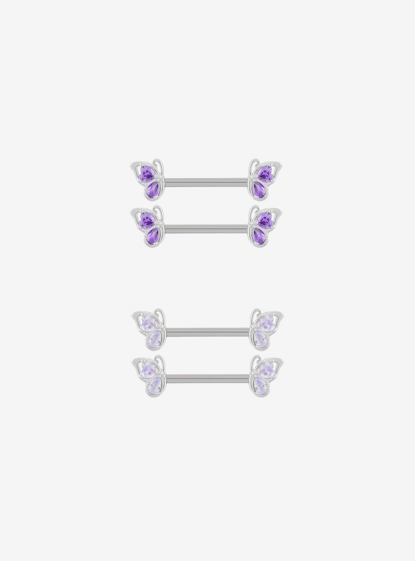 14G Steel Silver Butterfly Gem Nipple Barbell 4 Pack, , hi-res