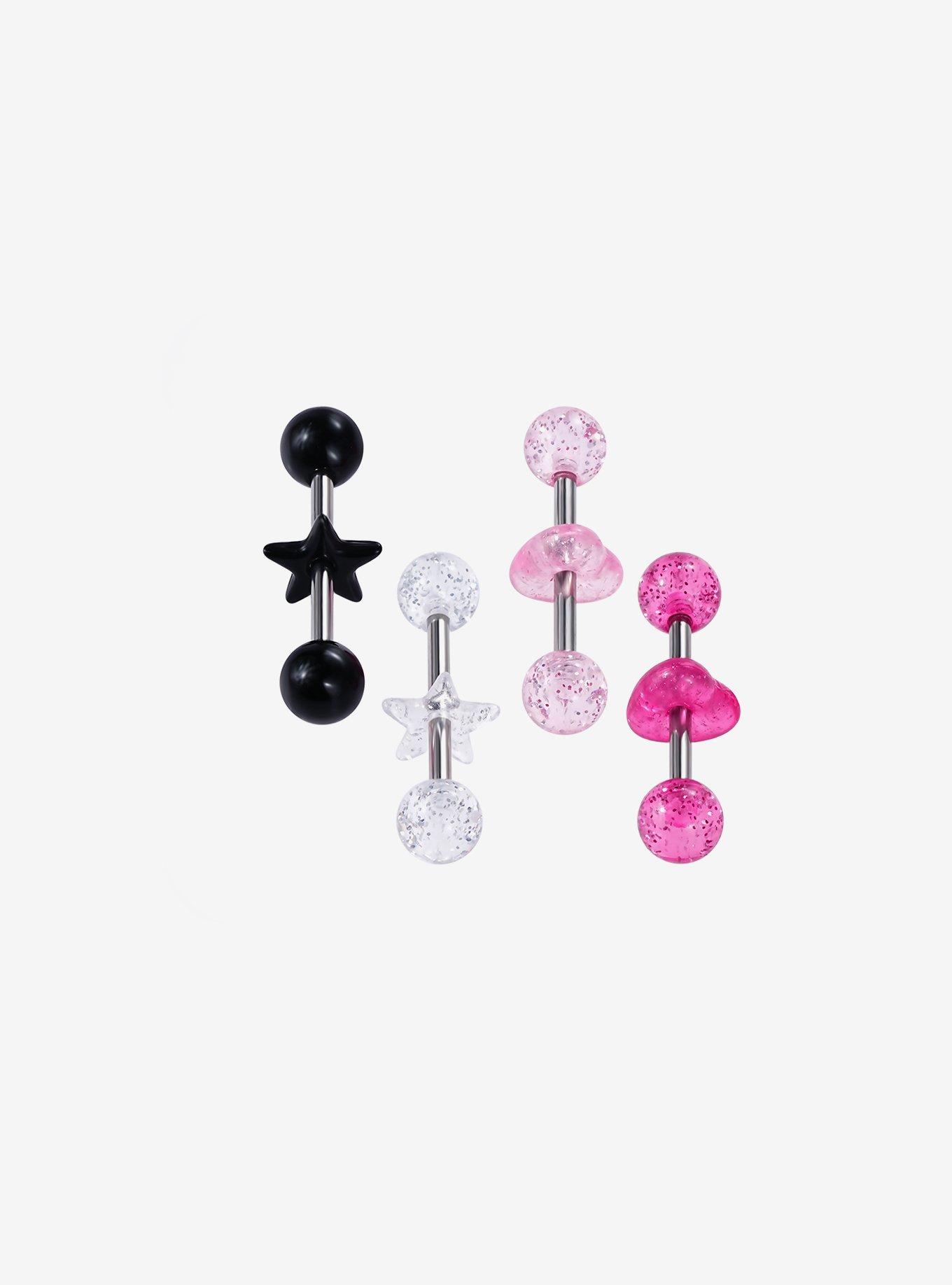 14G Steel Silver Pink & Black Star Heart Tongue Barbell 4 Pack, , hi-res