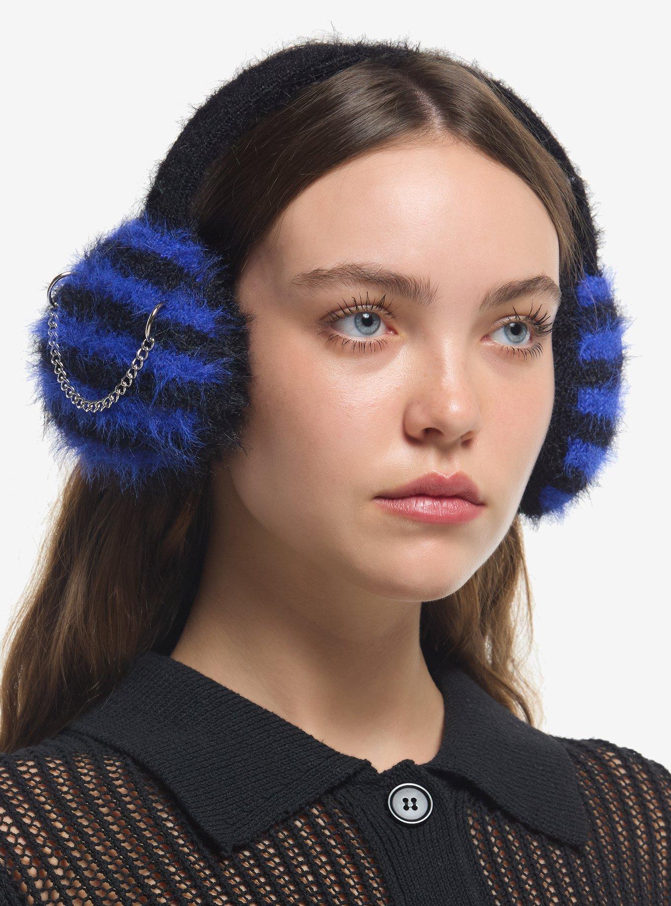 Blue & Black Stripe Pierced Fuzzy Earmuffs, , hi-res