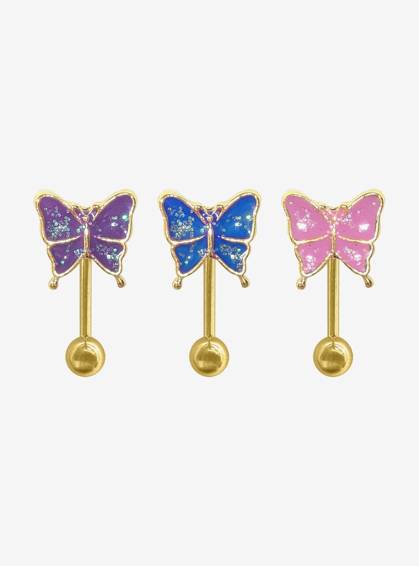 Steel Glitter Butterfly Navel Barbell 3 Pack, , hi-res