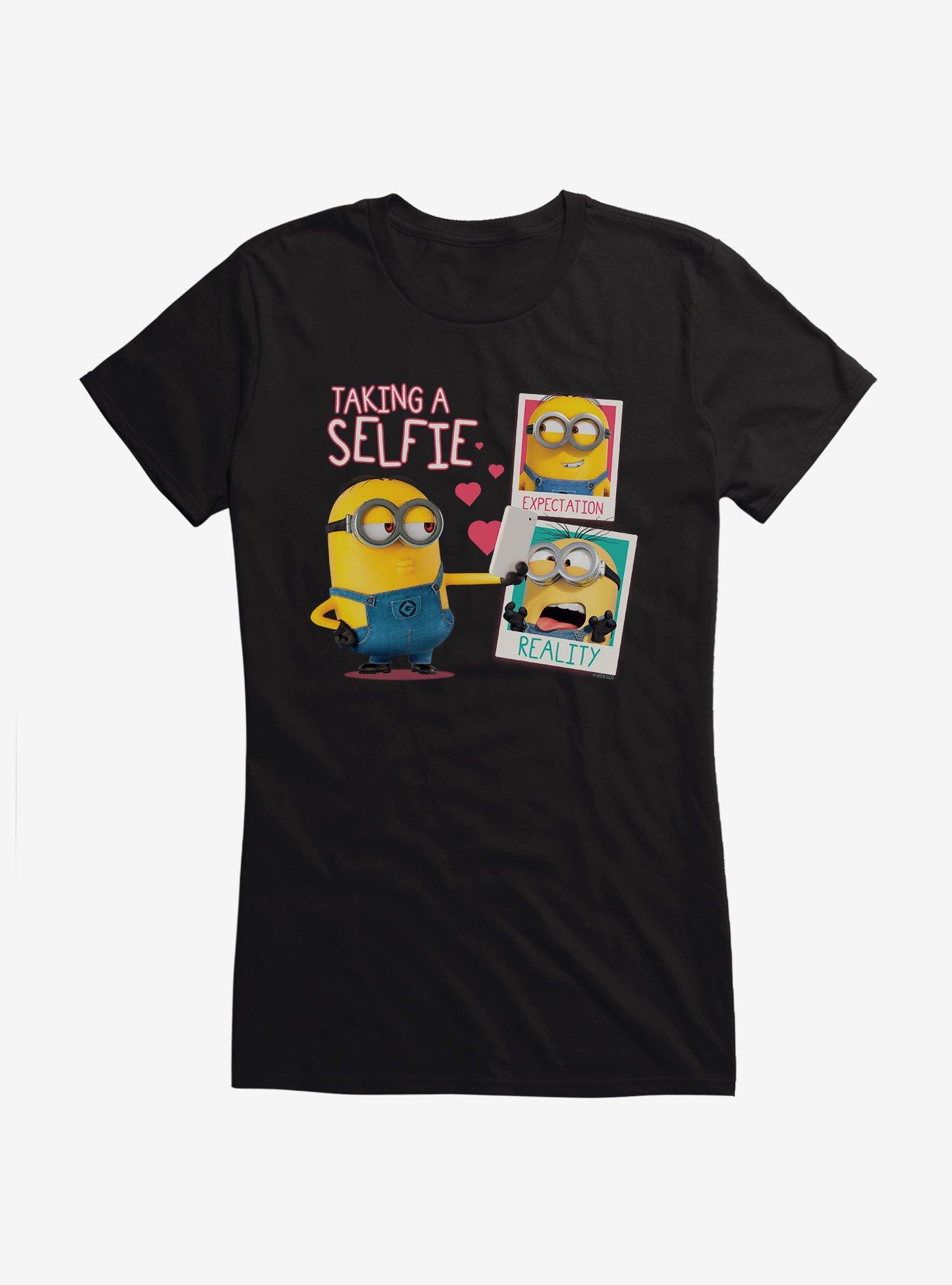 Minions Taking A Selfie Hearts Girls T-Shirt, BLACK, hi-res
