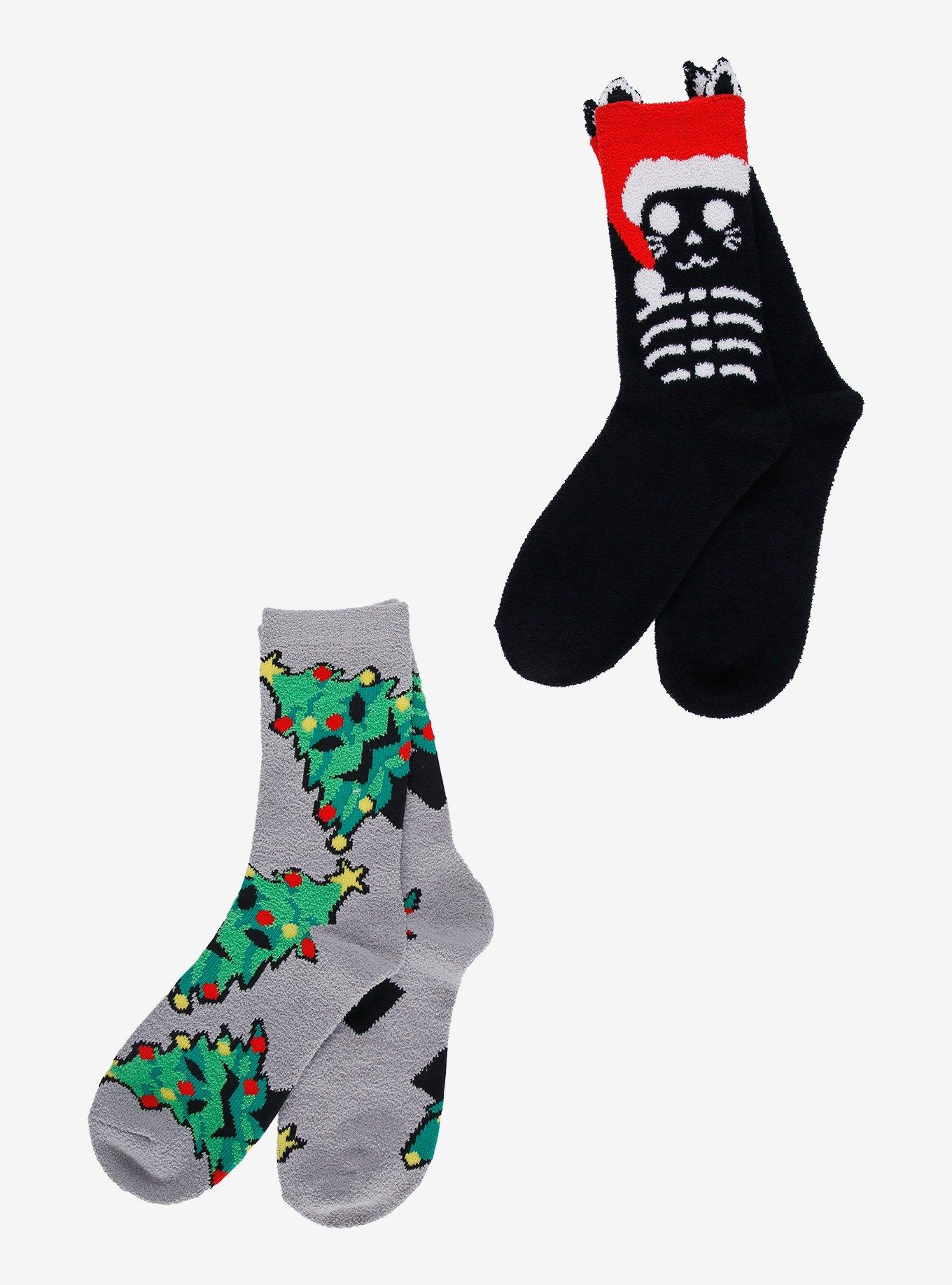 Christmas Cat & Scary Tree Fuzzy Socks 2 Pair, , hi-res