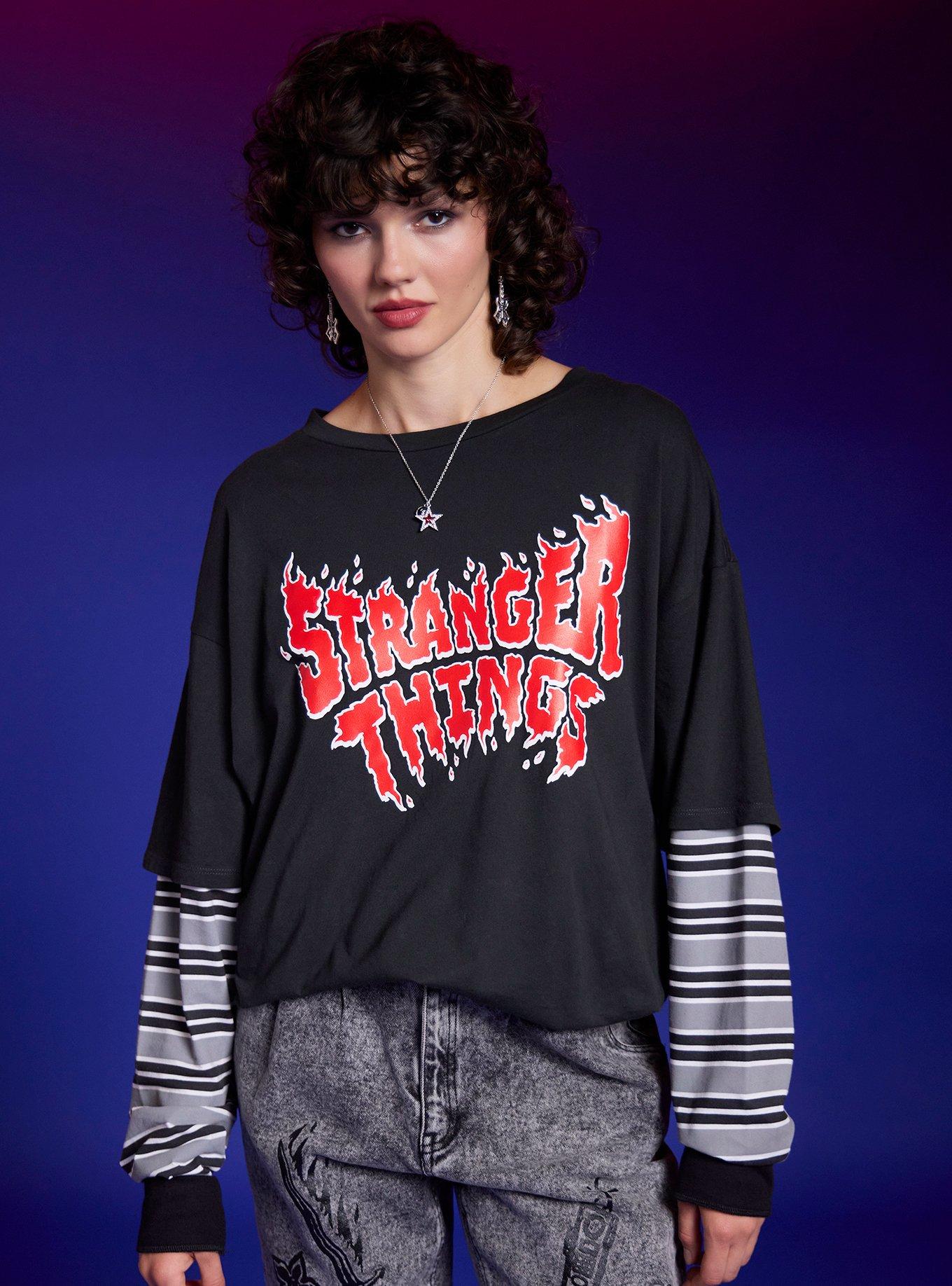 Stranger Things Logo Stripe Girls Oversized Long-Sleeve Twofer, , hi-res