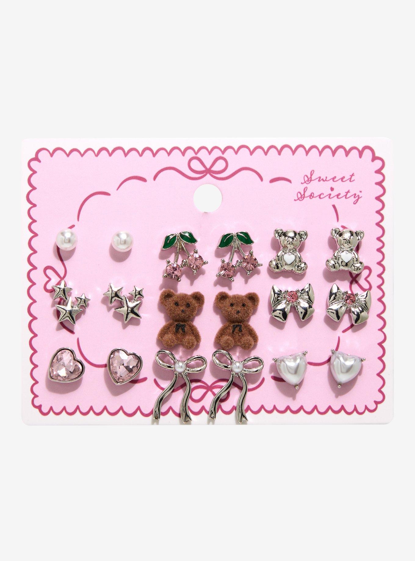 Sweet Society Bear Cherry Hearts Stud Earring Set, , hi-res