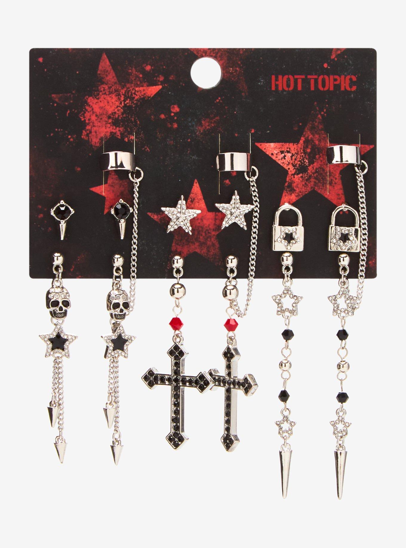 Skull Padlock Star Bling Cuff Earring Set, , hi-res
