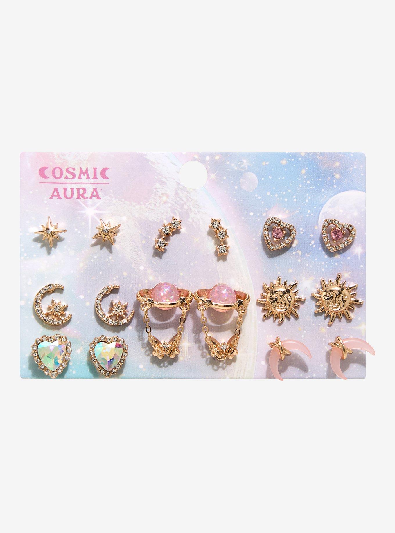 Cosmic Aura Pink Celestial Butterfly Gem Stud Earring Set