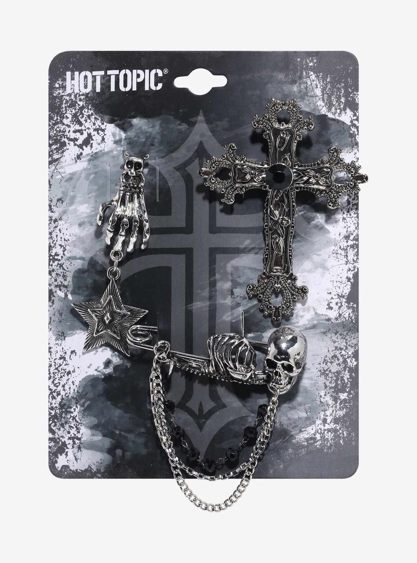 Gothic Cross Skeleton Brooch Pin Set, , hi-res