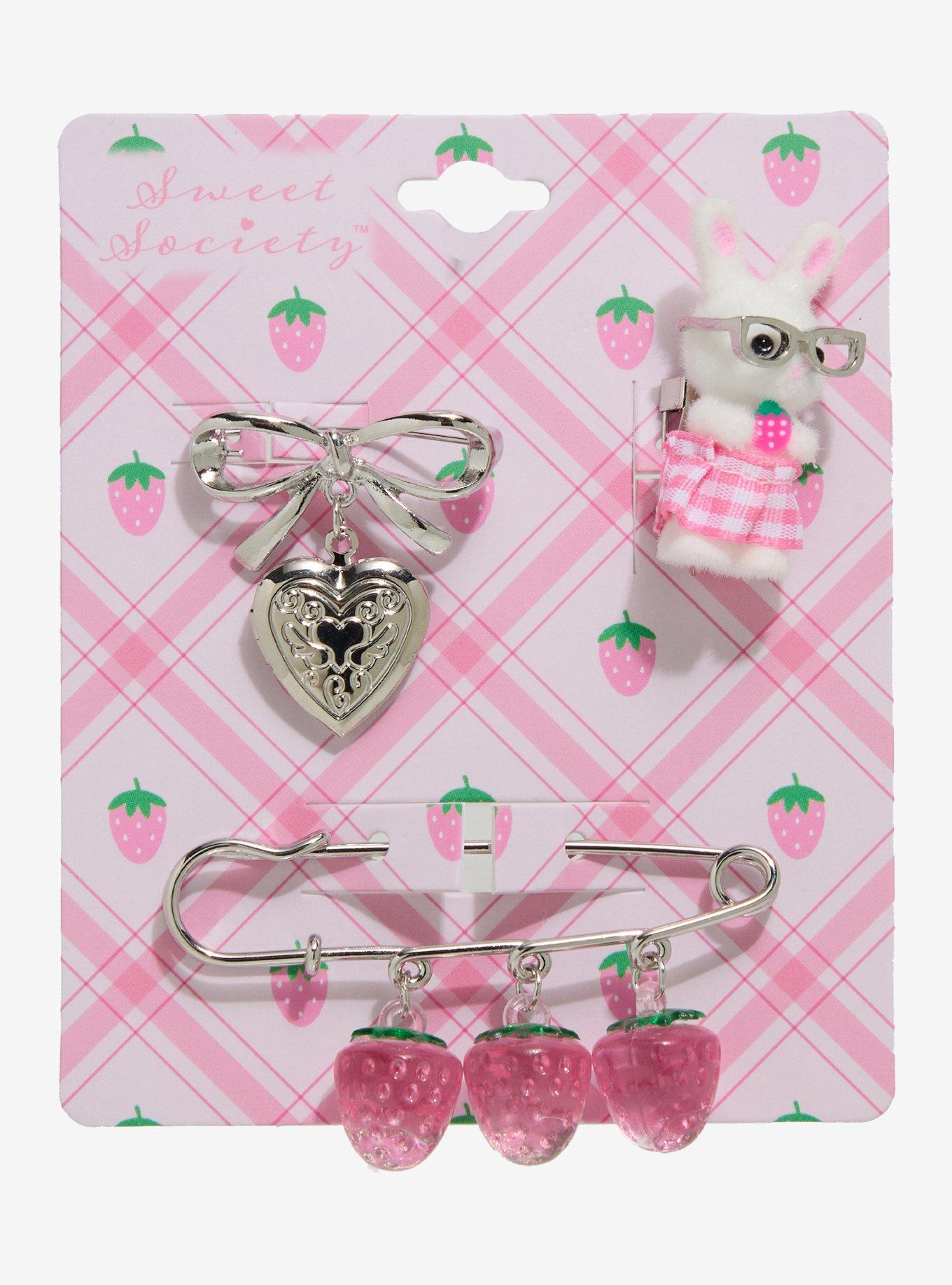 Sweet Society Strawberry Bunny Heart Brooch Set, , hi-res