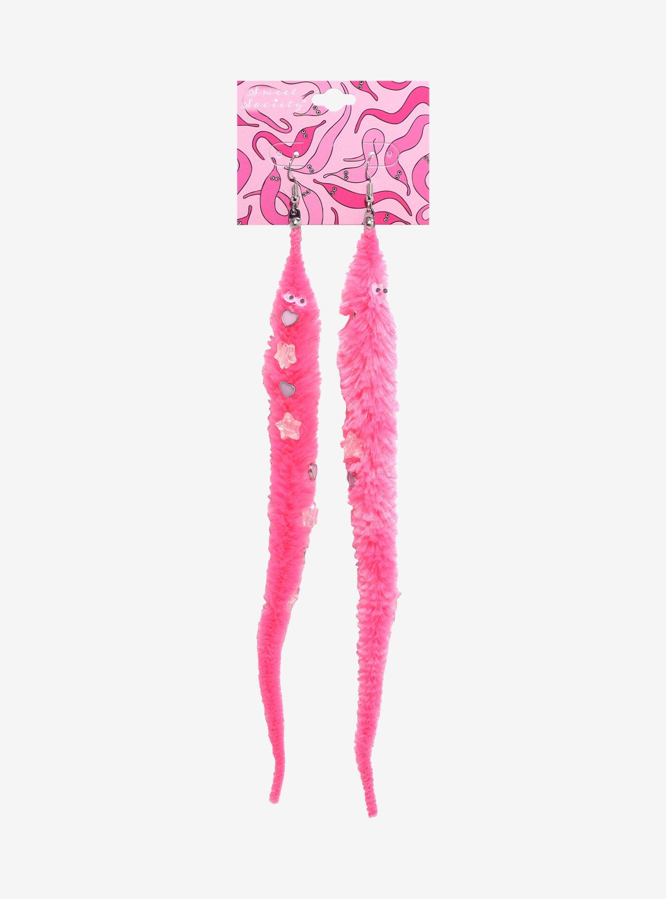 Sweet Society Pink Fuzzy Worm Earrings, , hi-res