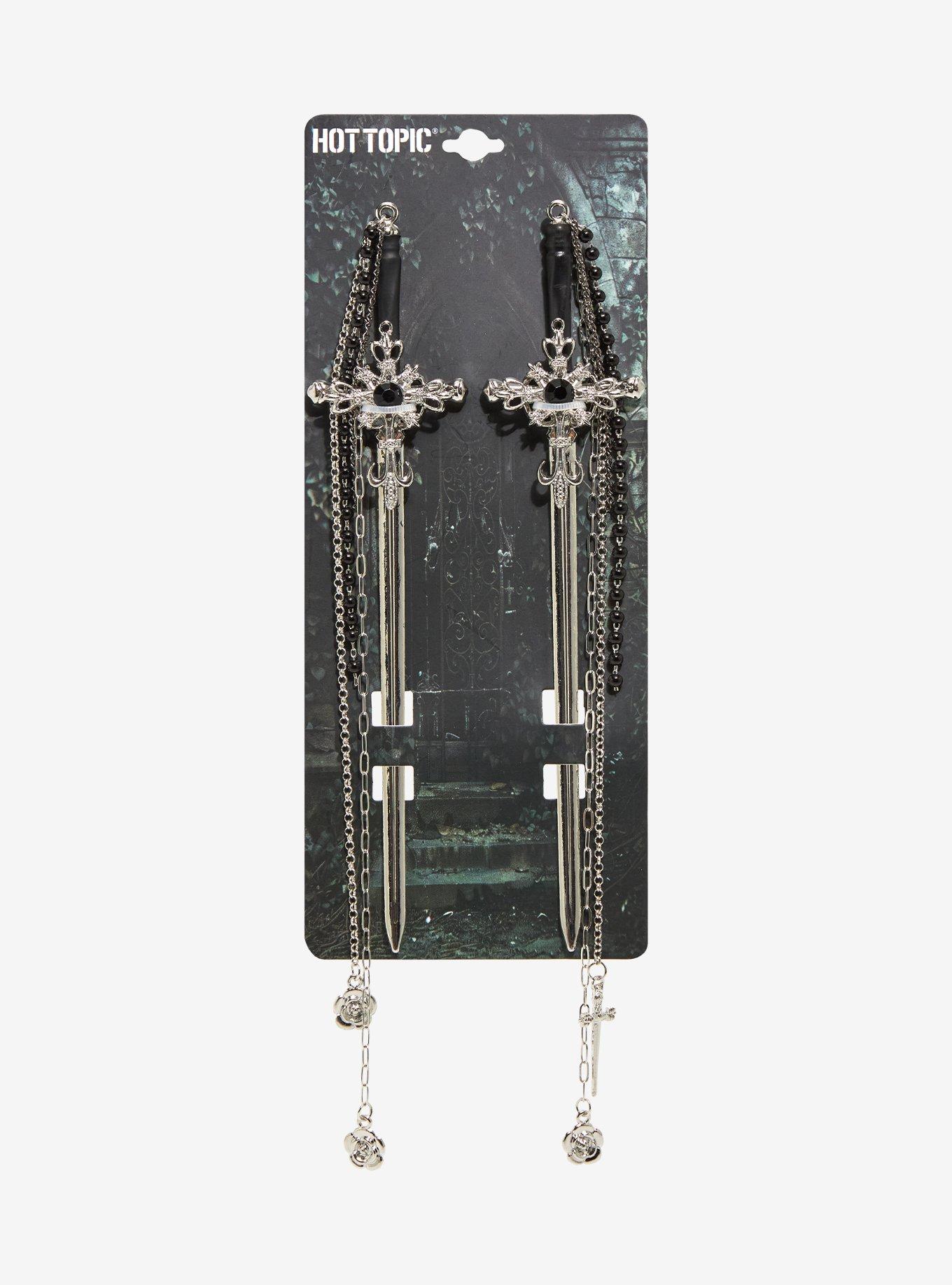 Black Gem Dagger Chain Hair Sticks, , hi-res