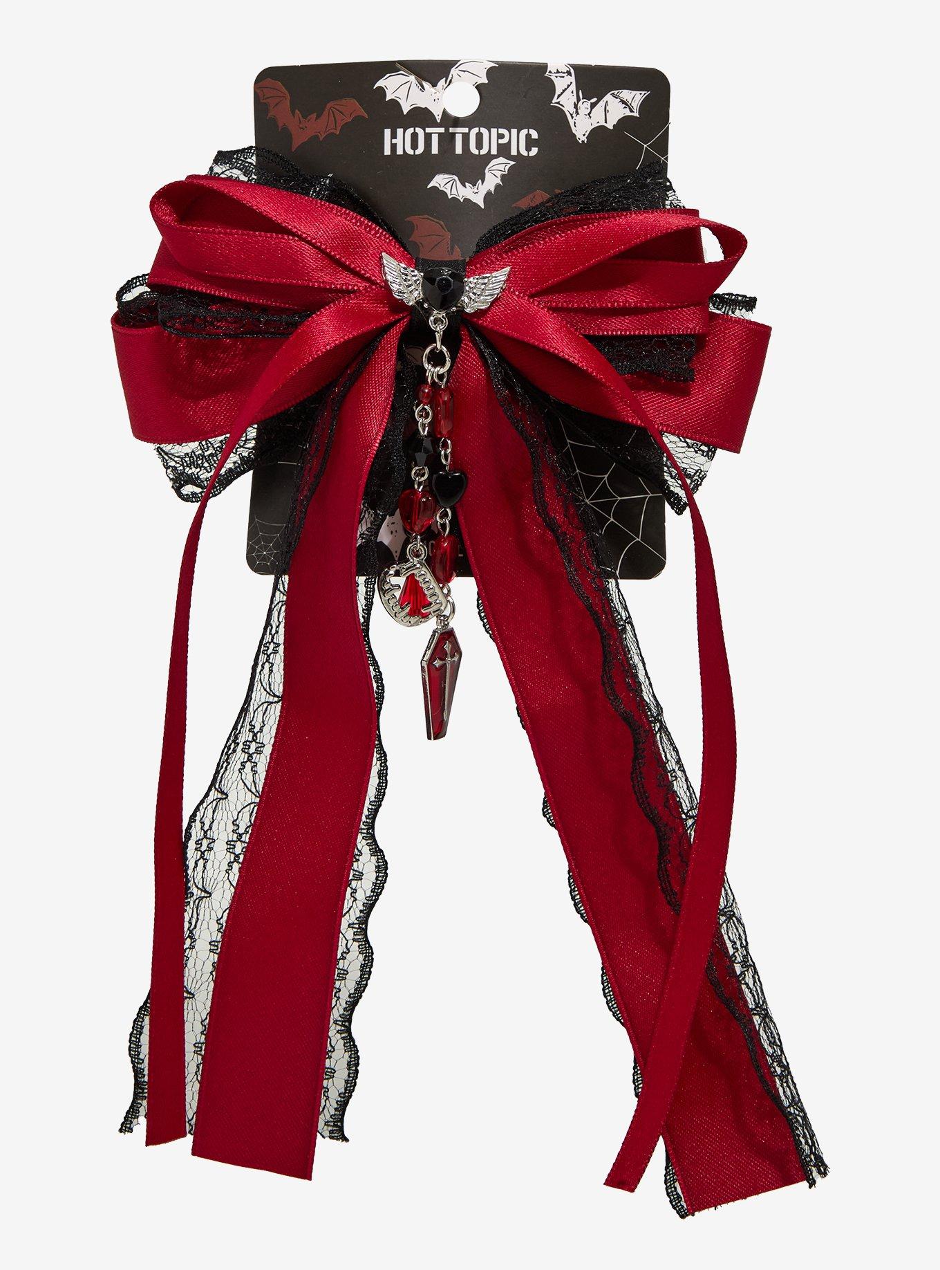 Burgundy & Black Lace Winged Heart Charm Bow Hair Clip, , hi-res