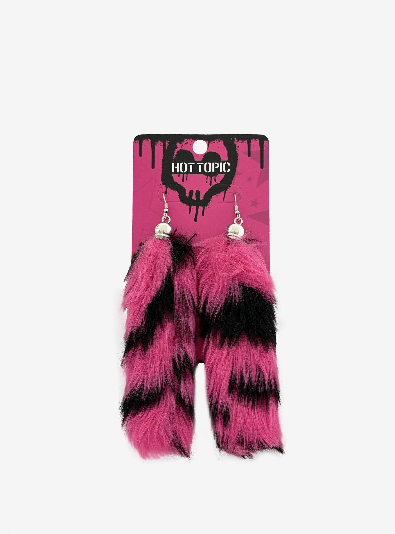 Pink & Black Fuzzy Tail Drop Earrings, , hi-res