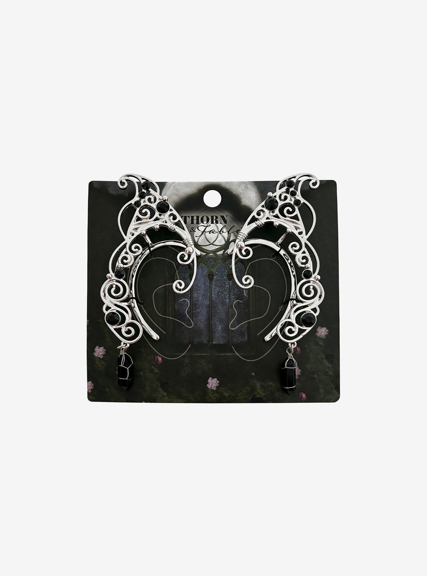 Thorn & Fable Silver Filigree Black Gem Ear Cuffs, , hi-res