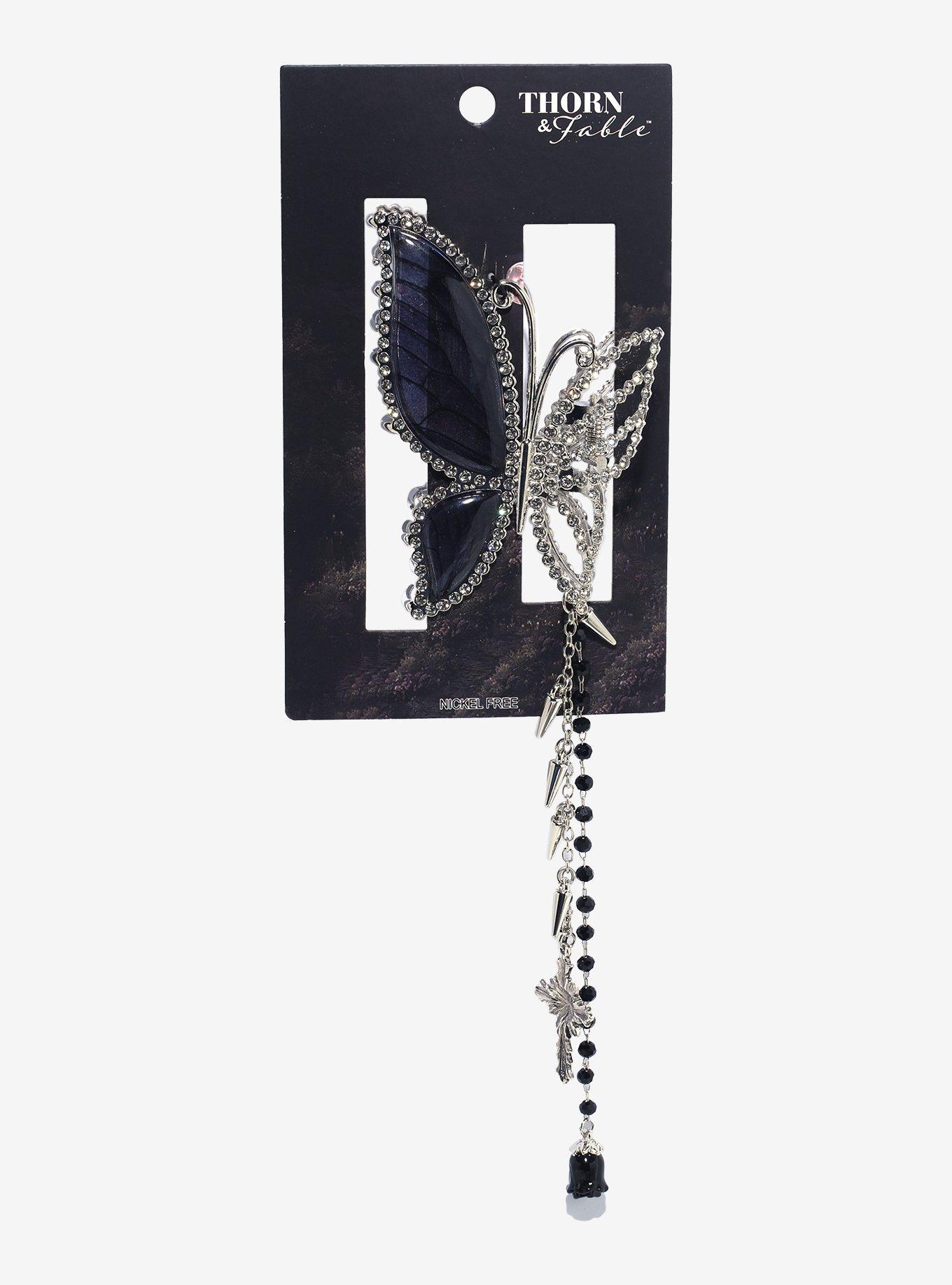 Thorn & Fable Black Rhinestone Chain Butterfly Claw Hair Clip, , hi-res