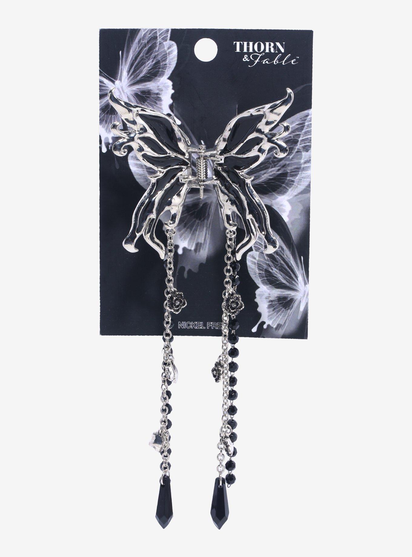 Thorn & Fable Black Grunge Chain Butterfly Claw Hair Clip, , hi-res