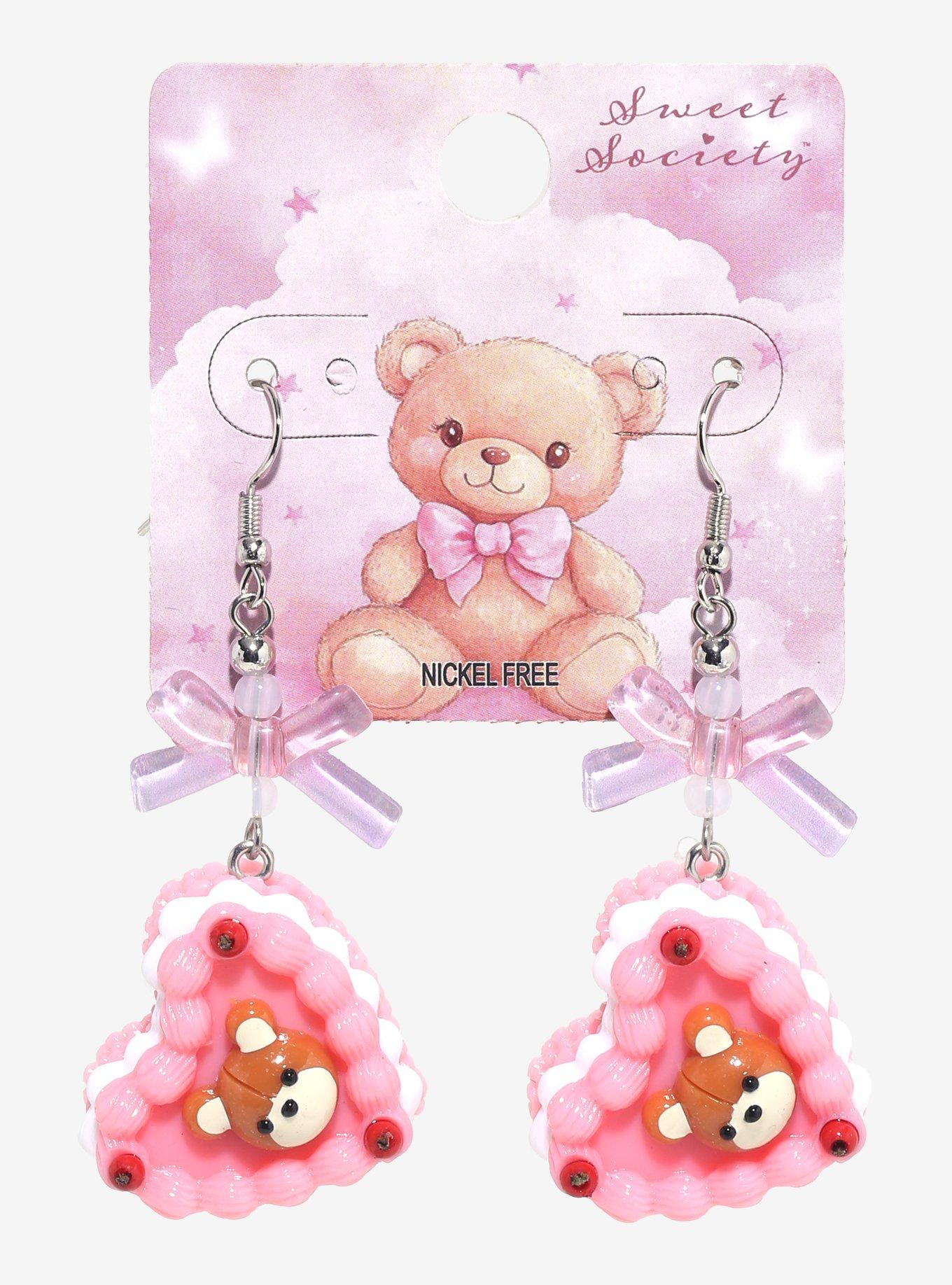 Sweet Society Pink Teddy Bear Cake Earrings, , hi-res