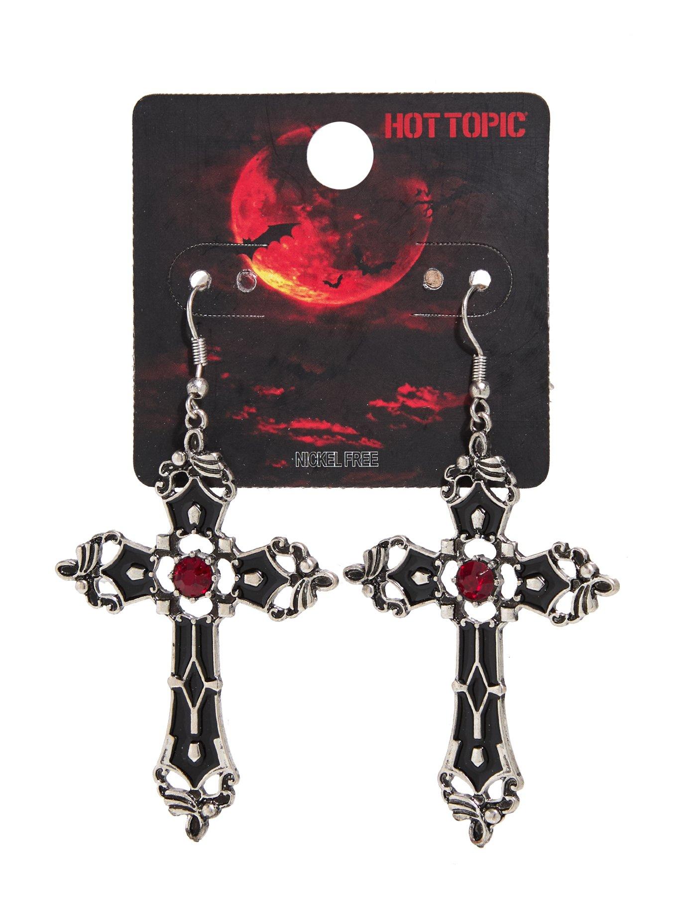 Gothic Cross Red Gem Statement Earrings, , hi-res