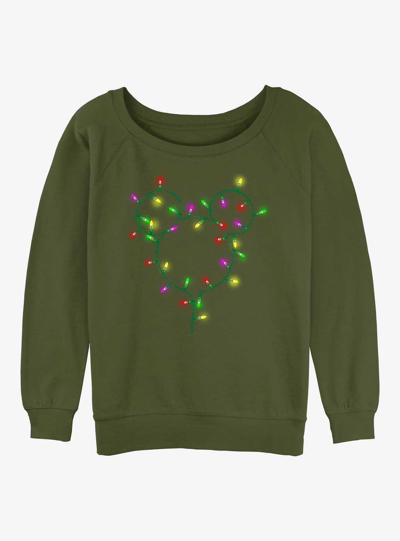 Disney Mickey Mouse Xmas Light Strand Ears Girls Slouchy Sweatshirt, OLIVE, hi-res