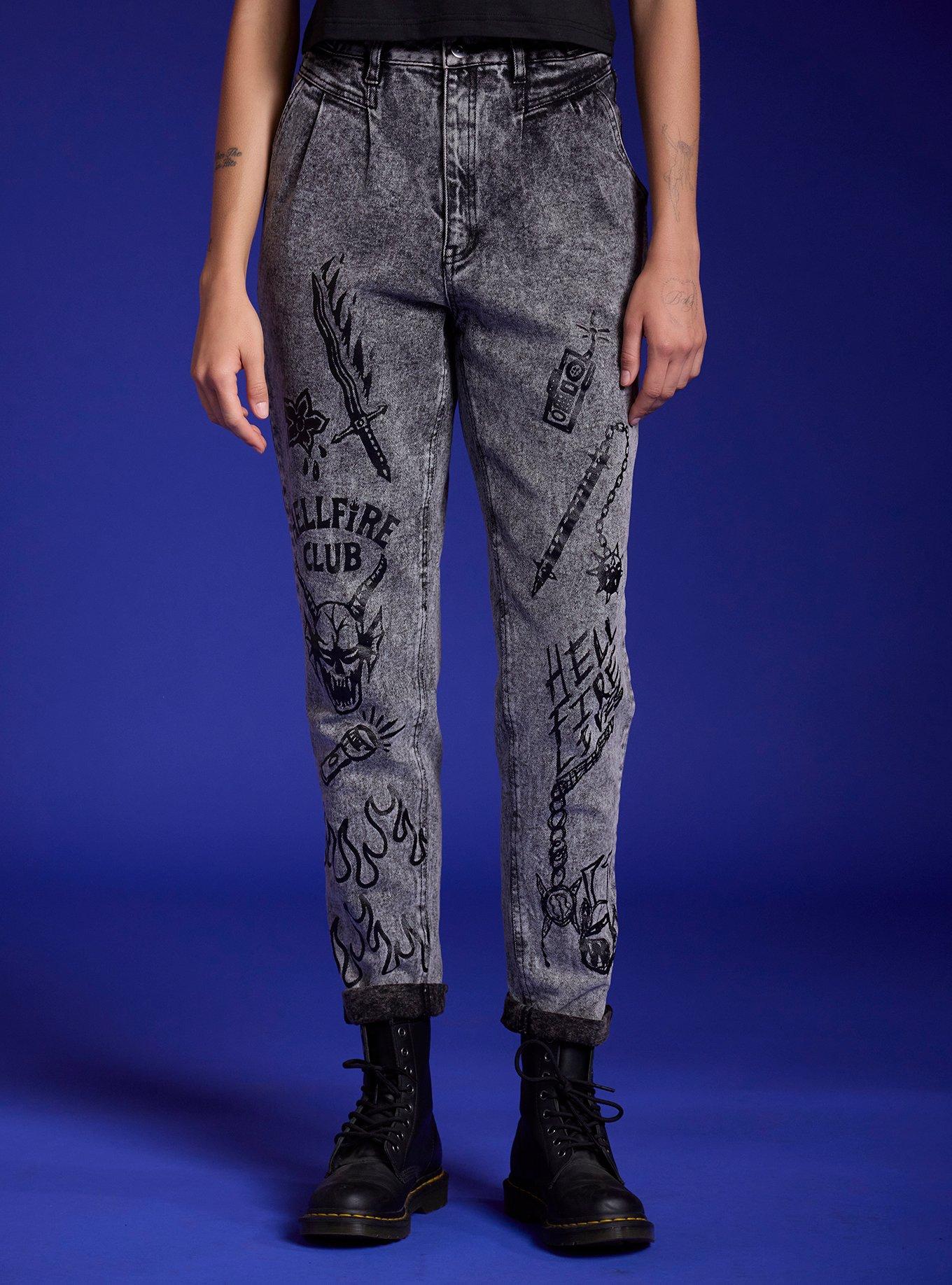 Stranger Things Hellfire Club Icons Acid Wash Mom Jeans, , hi-res