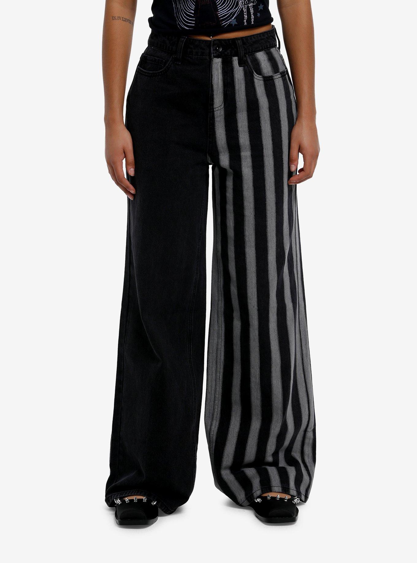 Social Collision Dark Grey Stripe Split Wide Leg Jeans, , hi-res