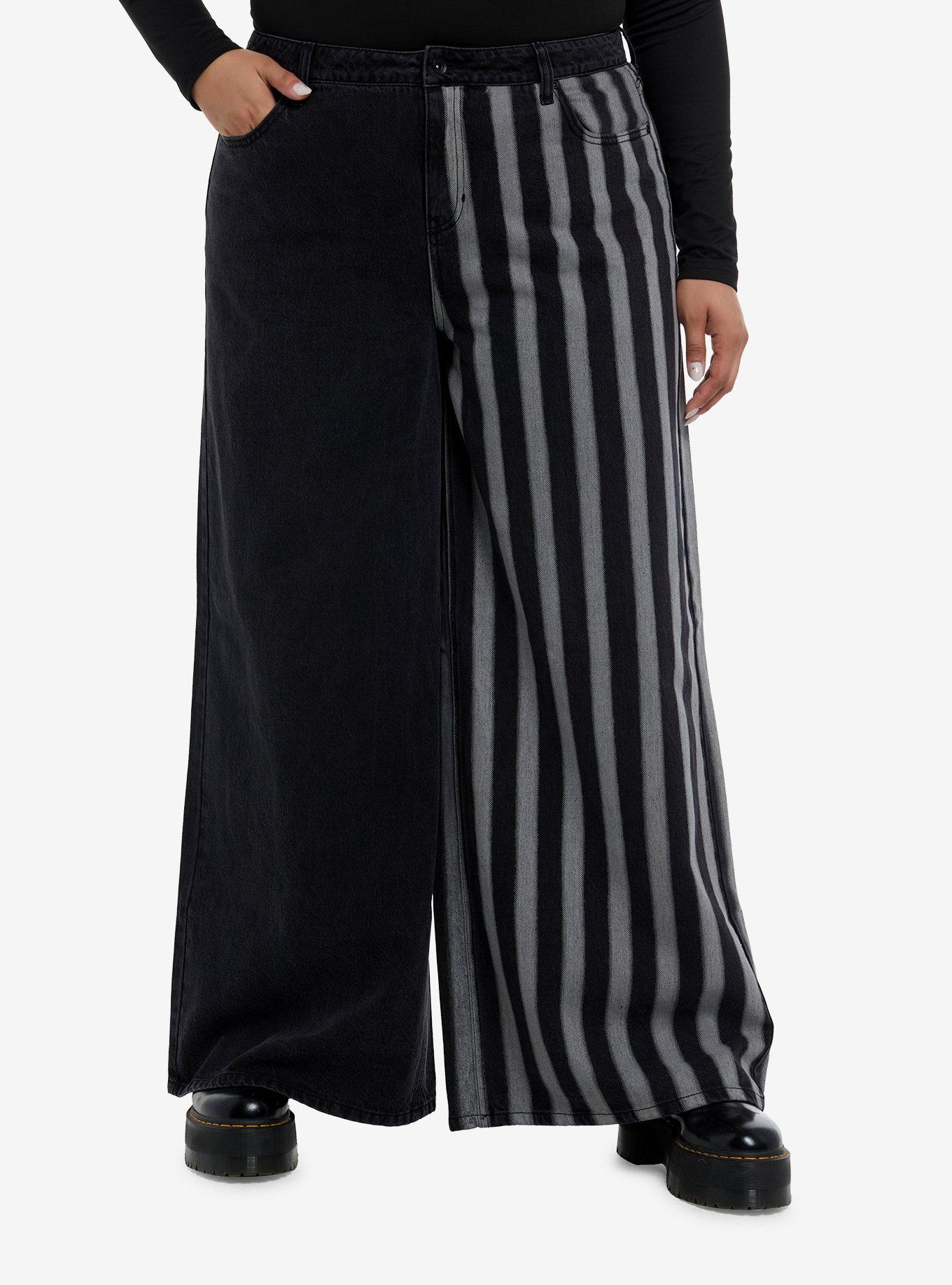 Social Collision Dark Grey Stripe Split Wide Leg Jeans Plus Size, , hi-res
