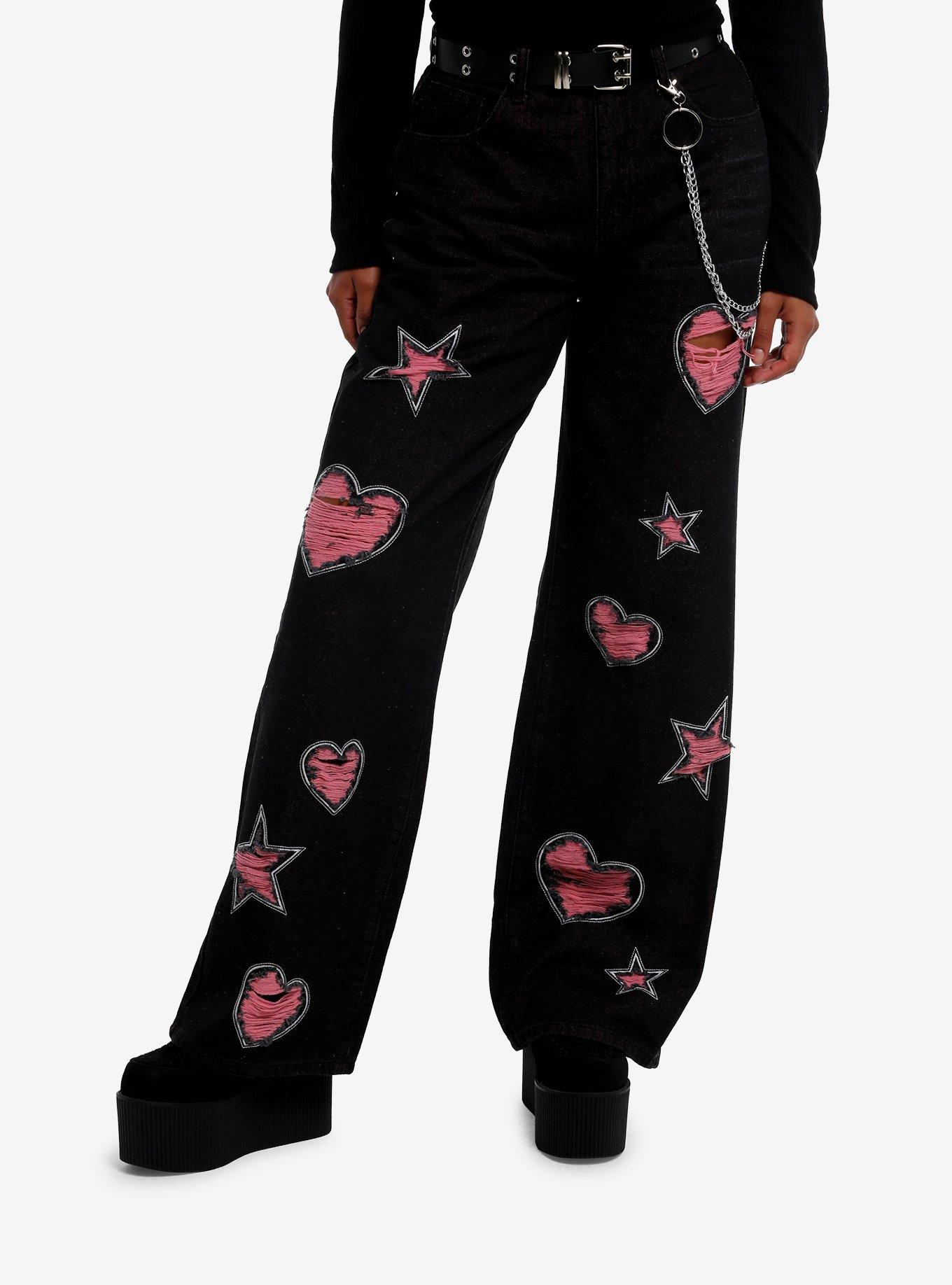 Black Pink Heart & Star Distressed Belted Wide Leg Jeans, , hi-res