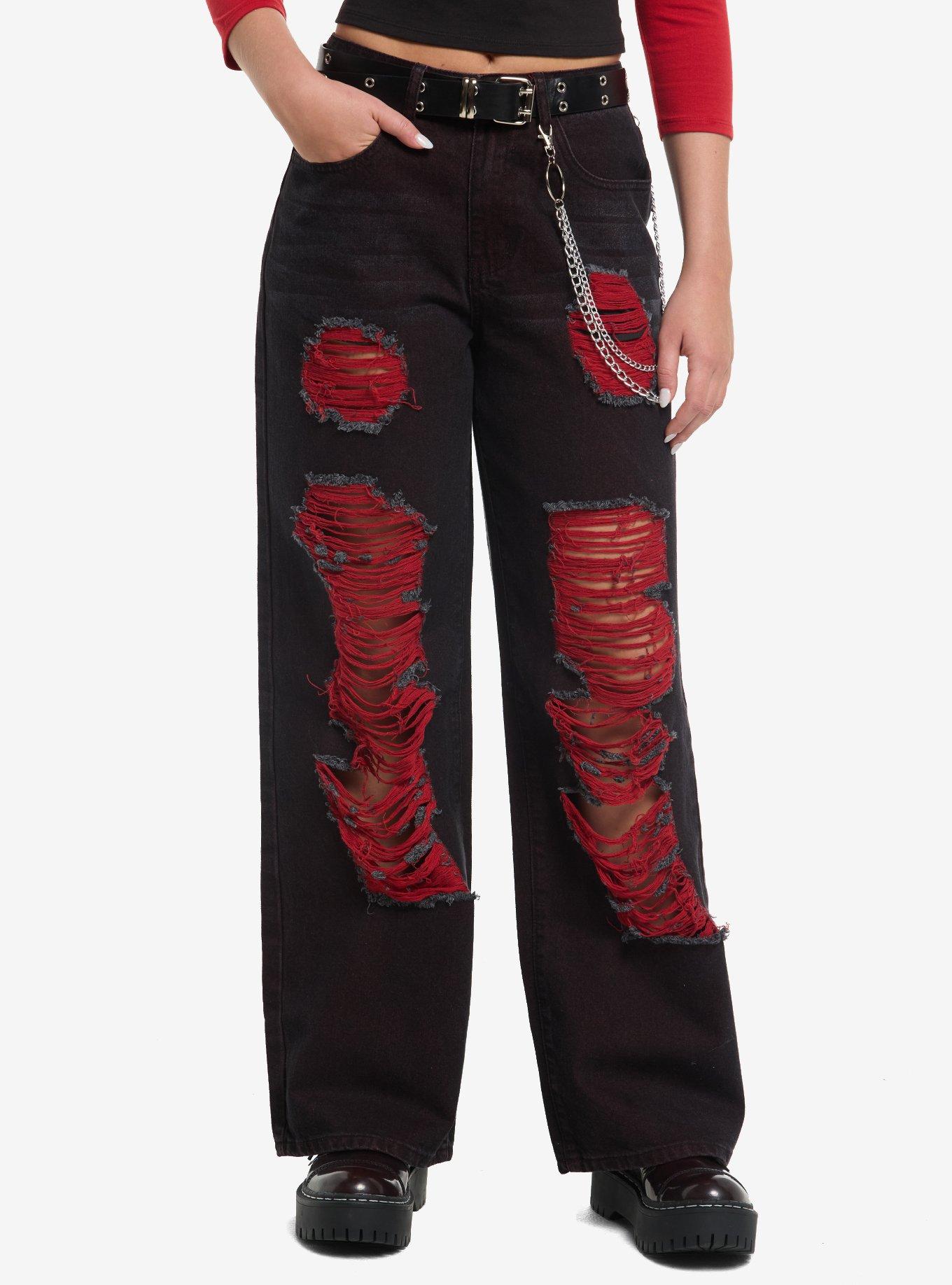 Red & Black Distressed Wide Leg Belted Jeans With Side Chain, , hi-res