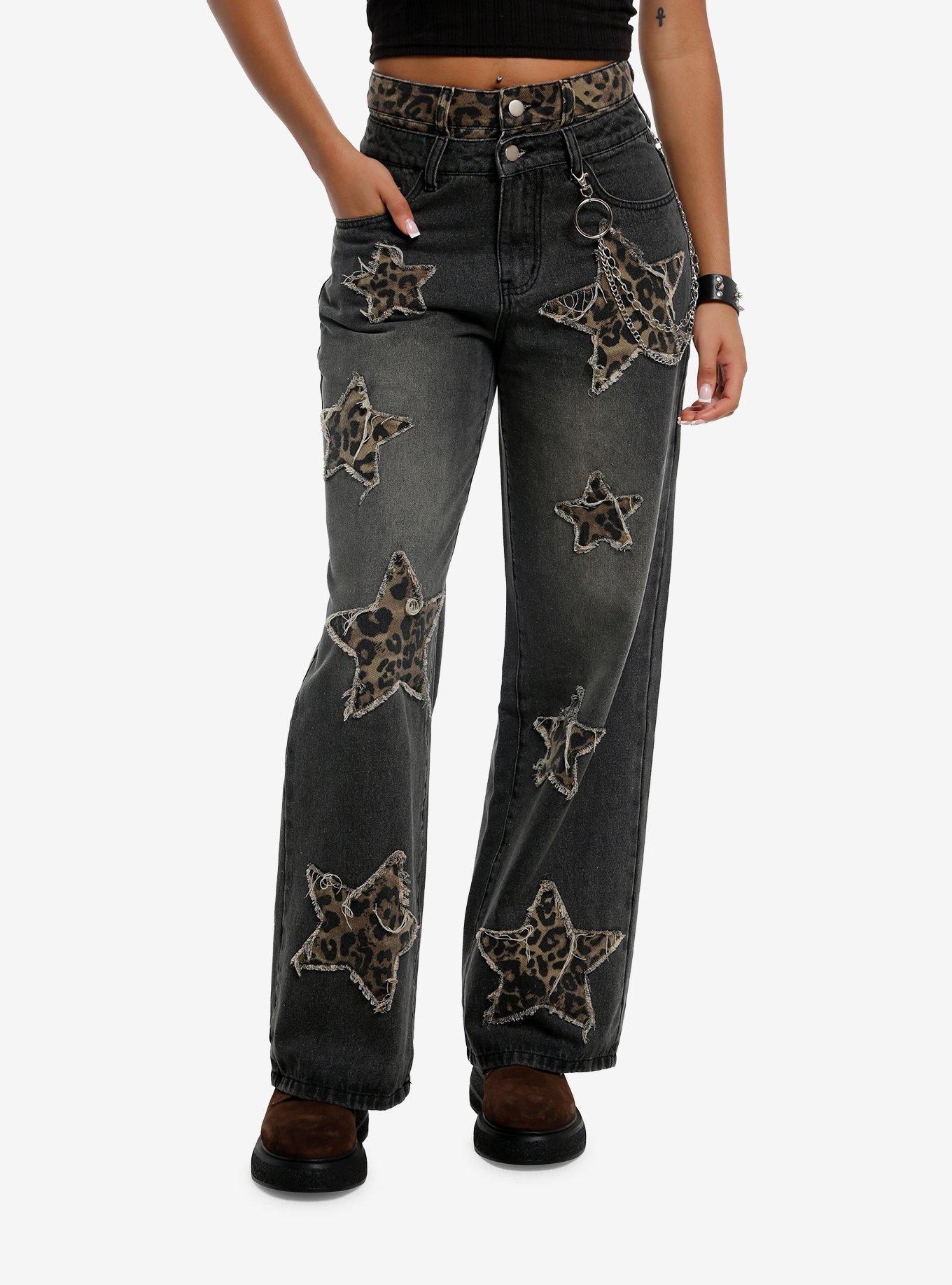 Leopard Star Patch Wide Leg Jeans, , hi-res