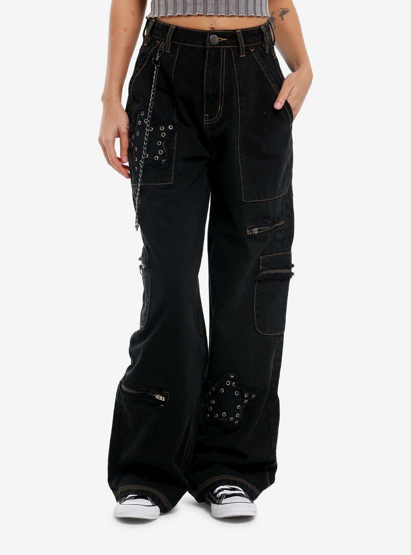 Black Grommet Star Patch Cargo Pants, , hi-res
