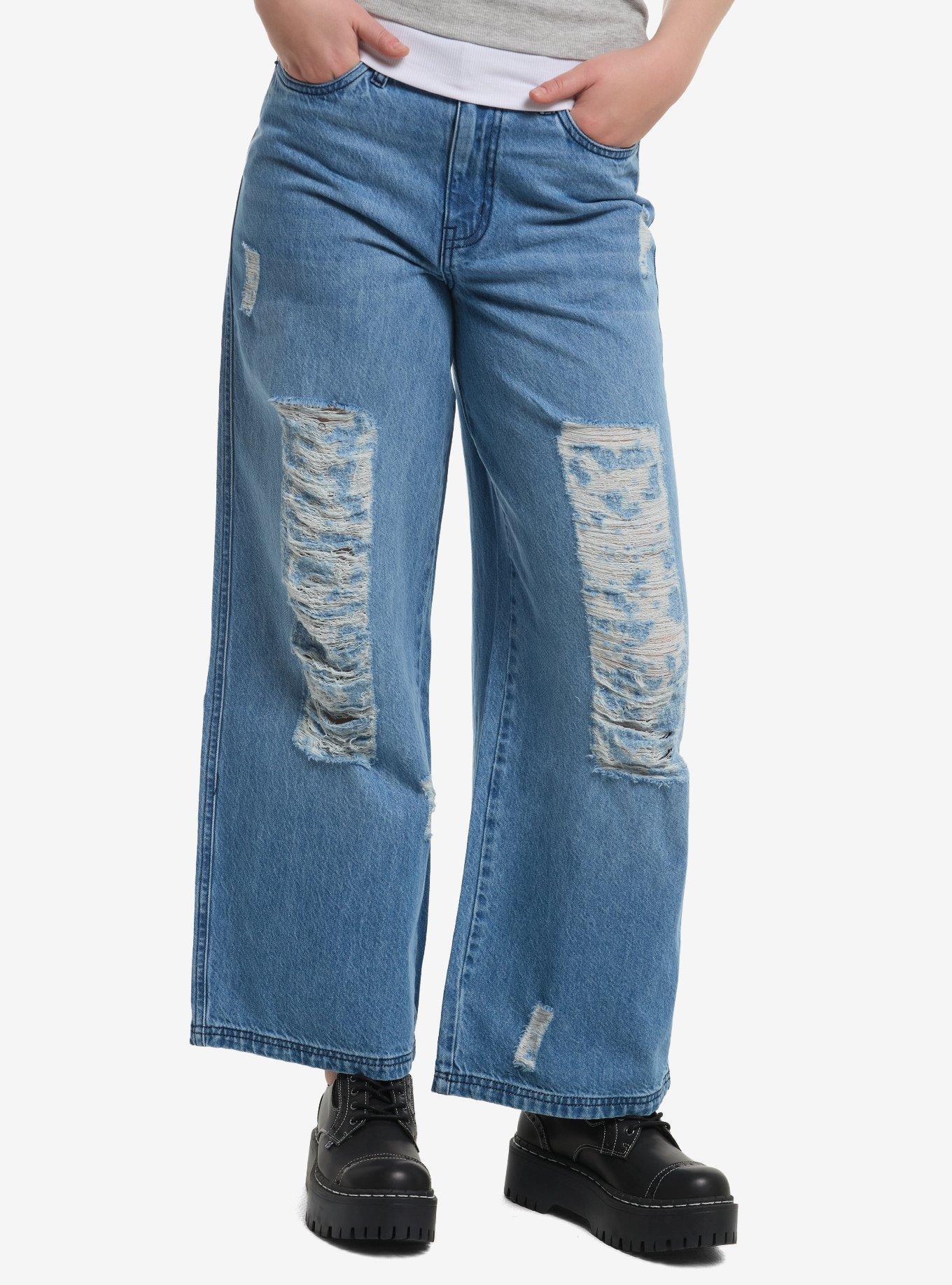 Light Indigo Handprint Destructed Wide Leg Jeans, , hi-res