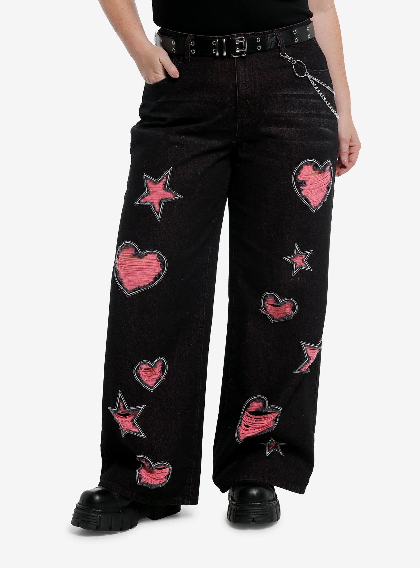 Black Pink Heart & Star Distressed Belted Wide Leg Jeans Plus Size, , hi-res