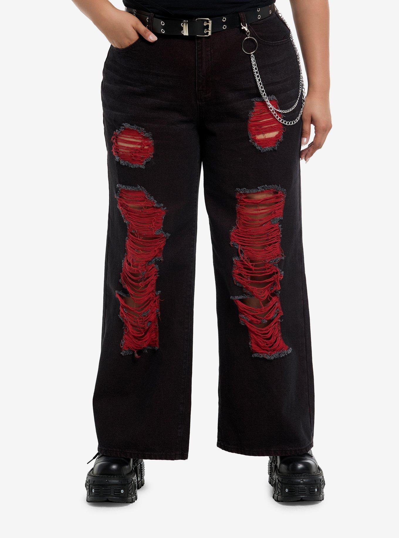 Red & Black Distressed Wide Leg Belted Jeans With Side Chain Plus Size, , hi-res