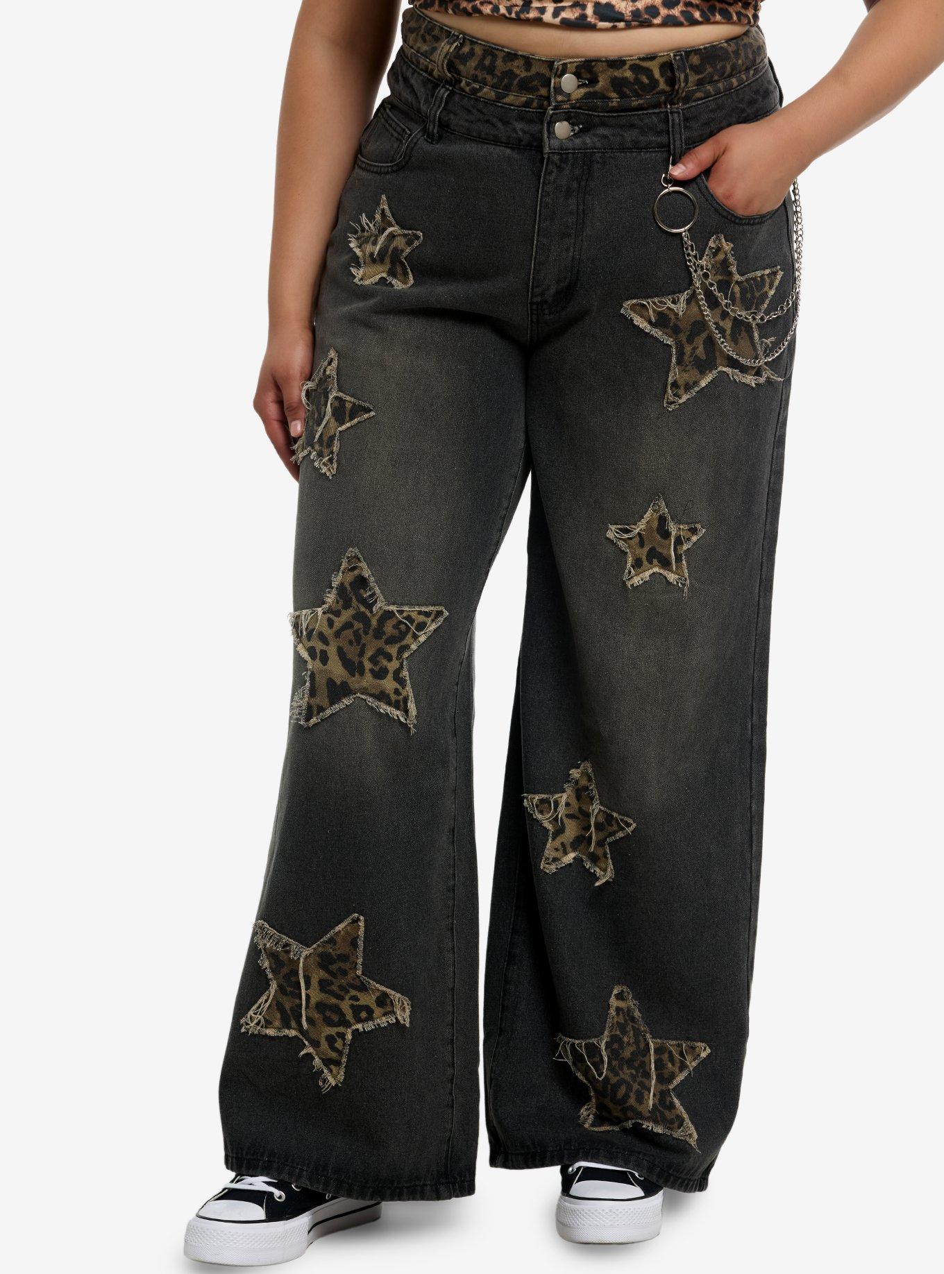 Leopard Star Patch Wide Leg Jeans Plus Size, , hi-res