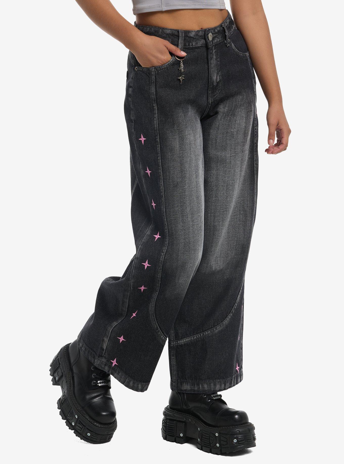 Pink Stars Tokyo Style Dark Wash Baggy Jeans, , hi-res