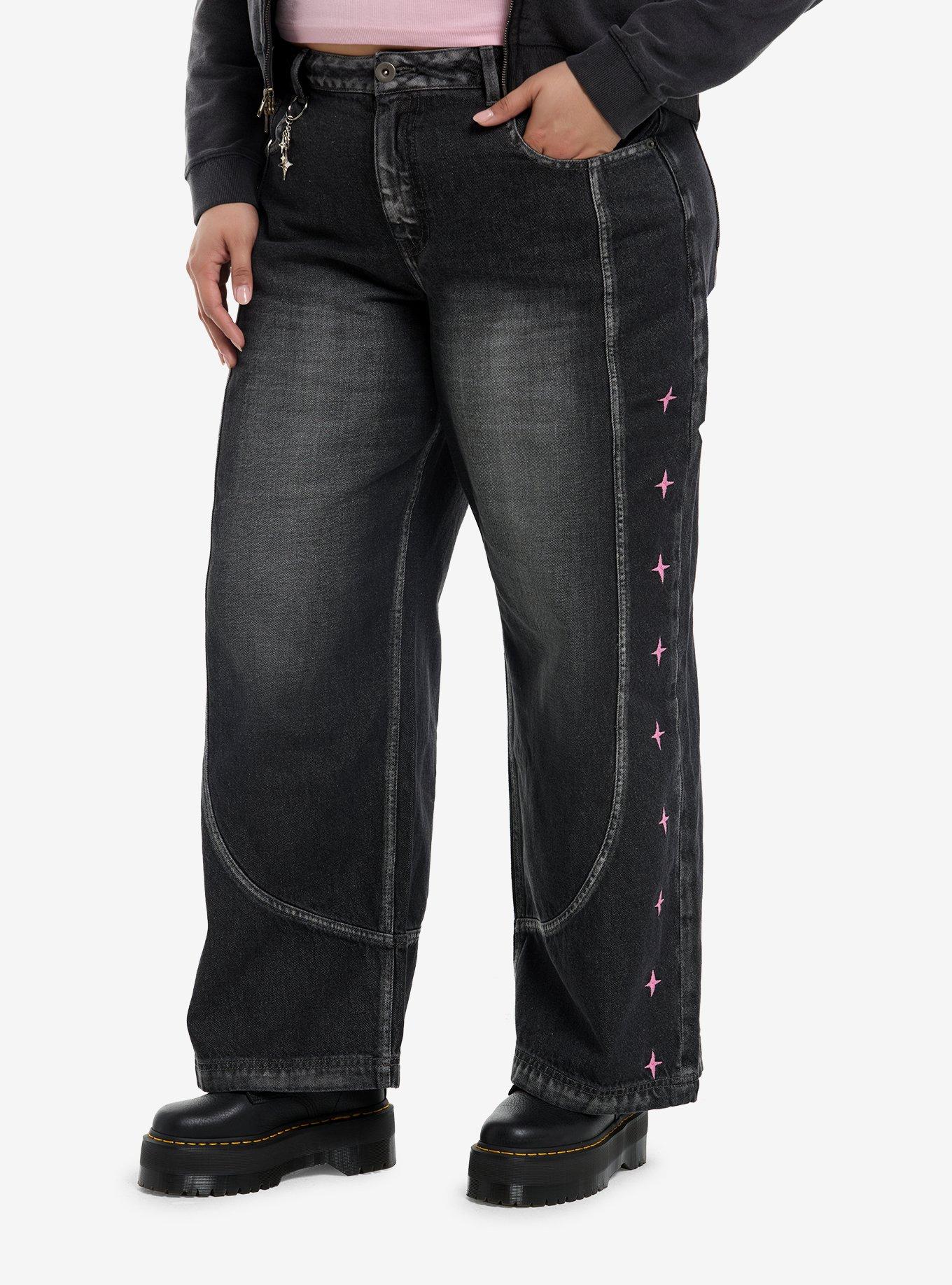 Pink Stars Tokyo Style Dark Wash Baggy Jeans Plus Size, , hi-res