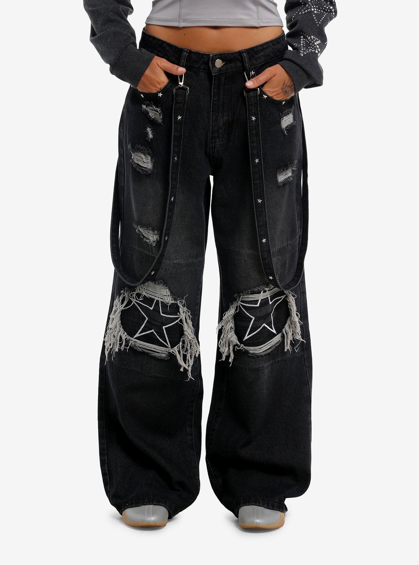 Black Wash Star Distressed Suspender Girls Wide Leg Jeans, , hi-res