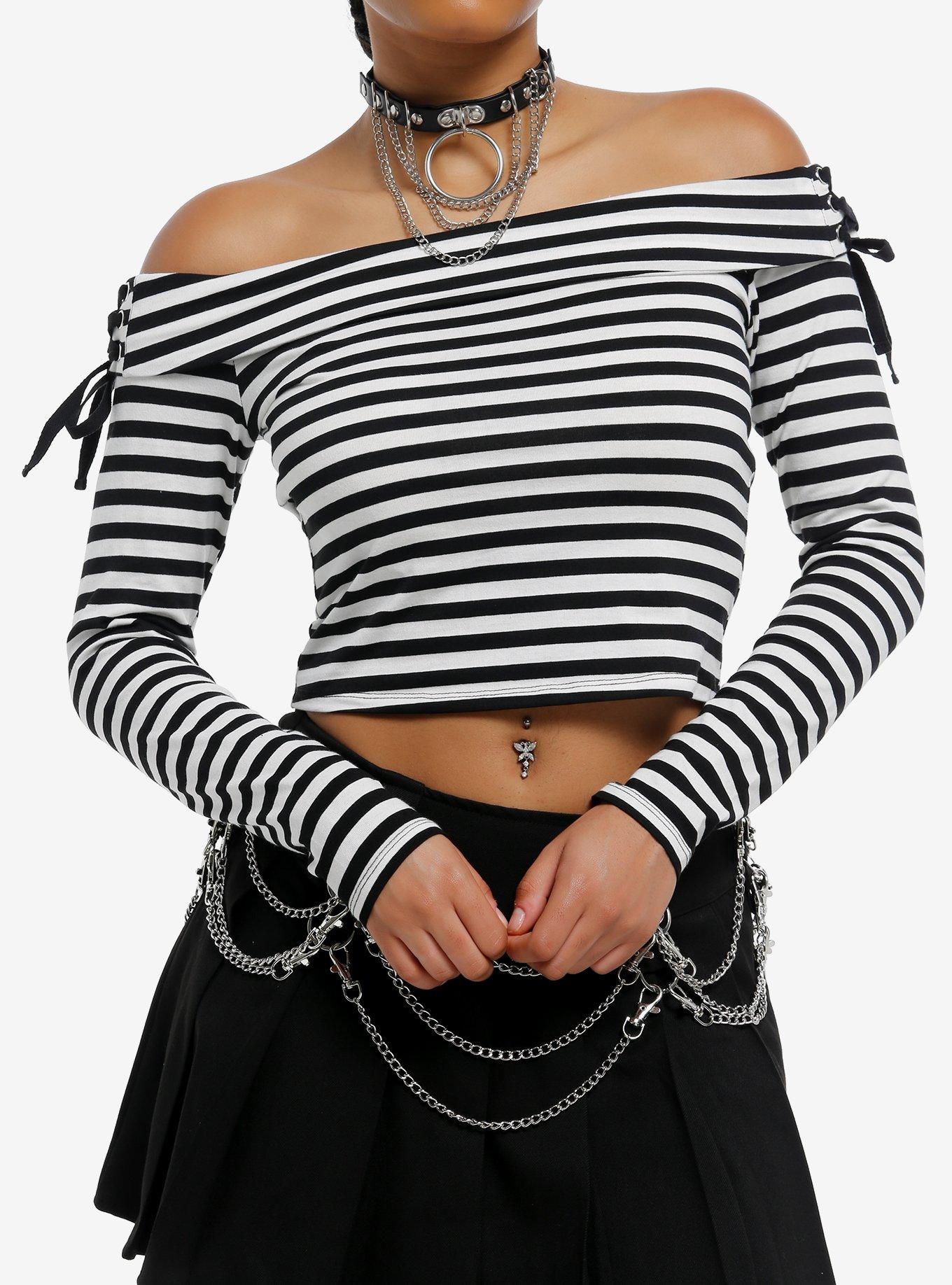 Social Collision Black & White Stripe Off-The-Shoulder Girls Long-Sleeve Top, , hi-res