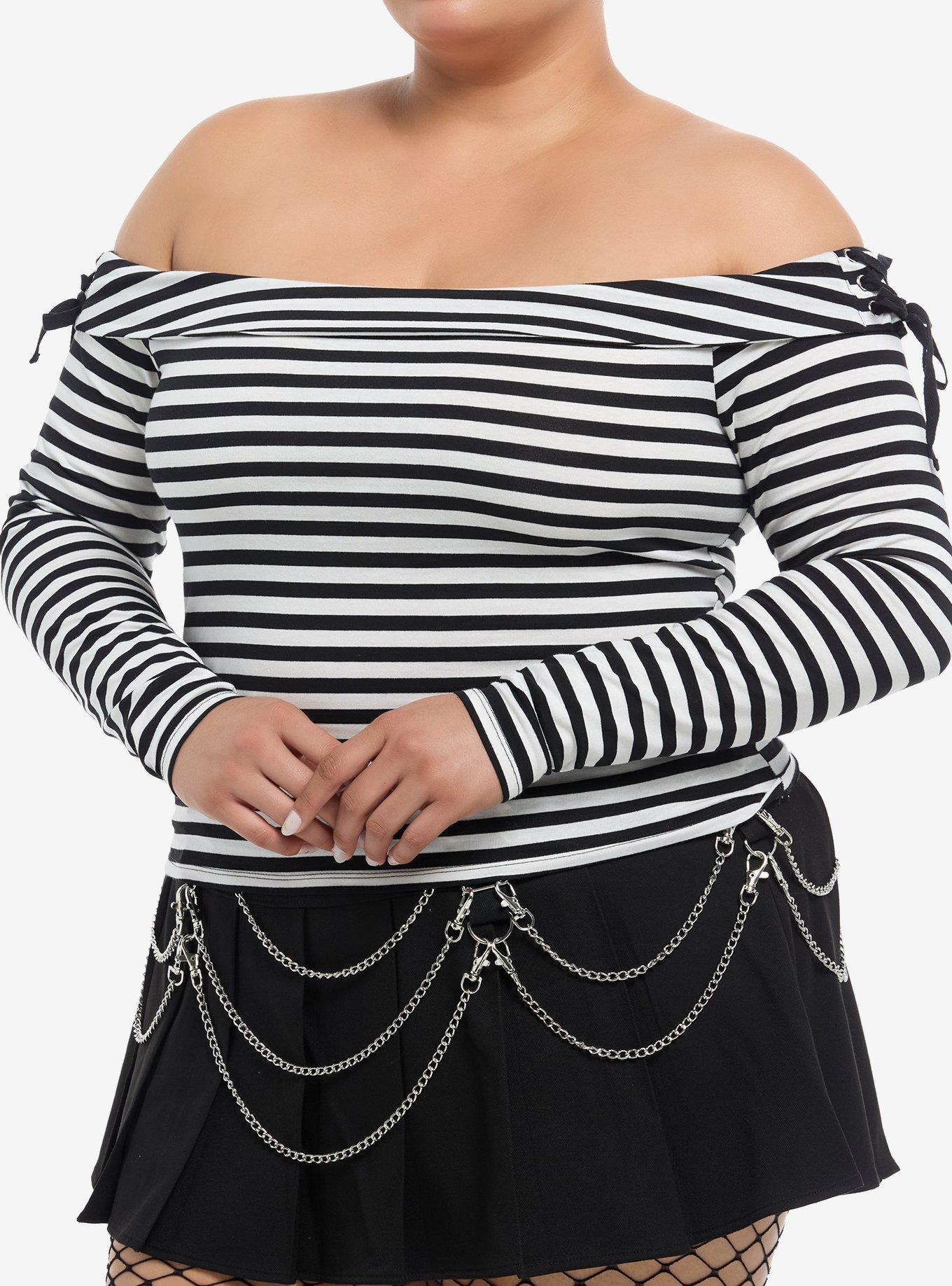 Social Collision Black & White Stripe Off-The-Shoulder Girls Long-Sleeve Top Plus Size, , hi-res