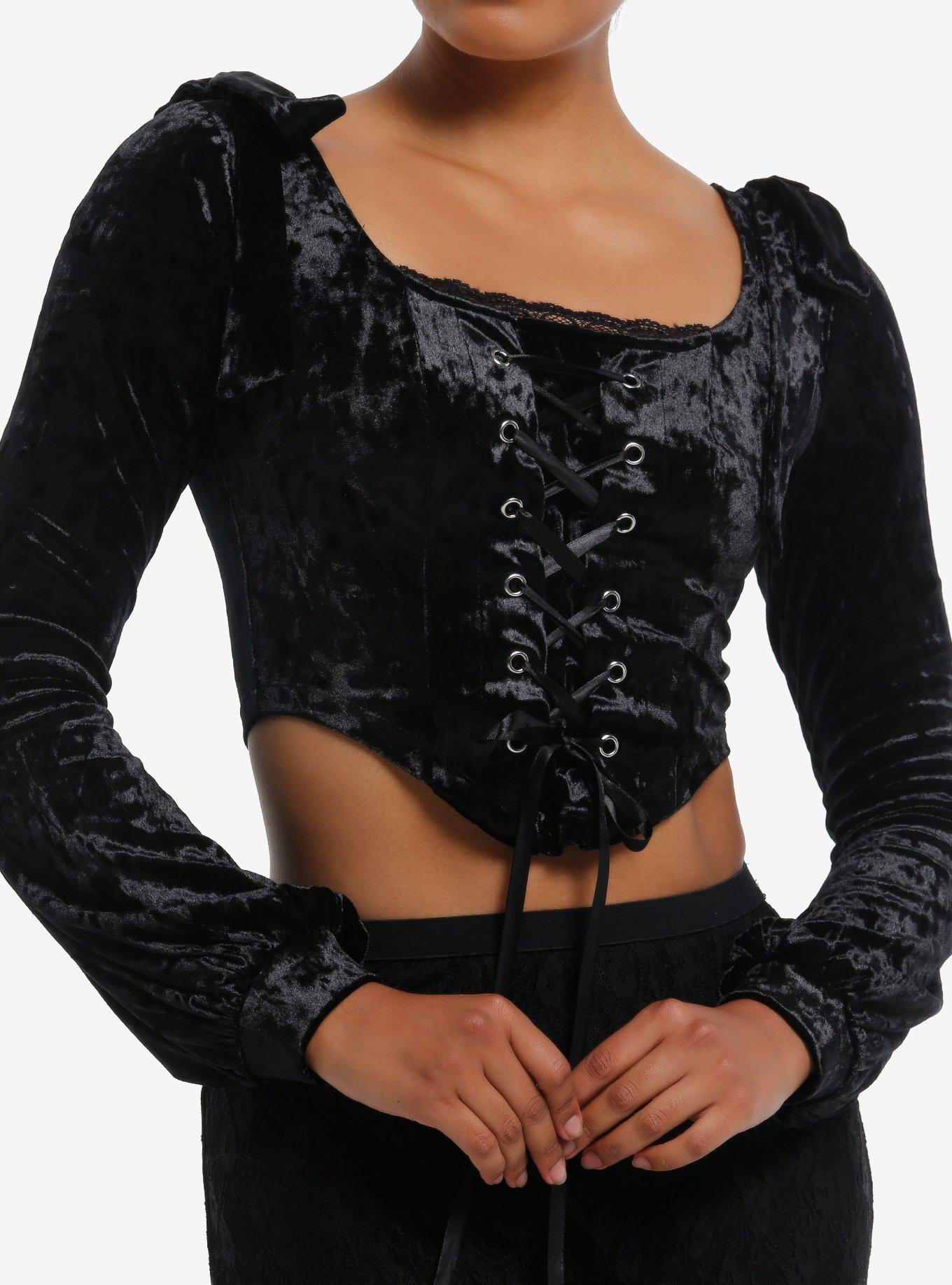 Cosmic Aura Black Velvet Lace-Up Girls Crop Long-Sleeve Top, , hi-res