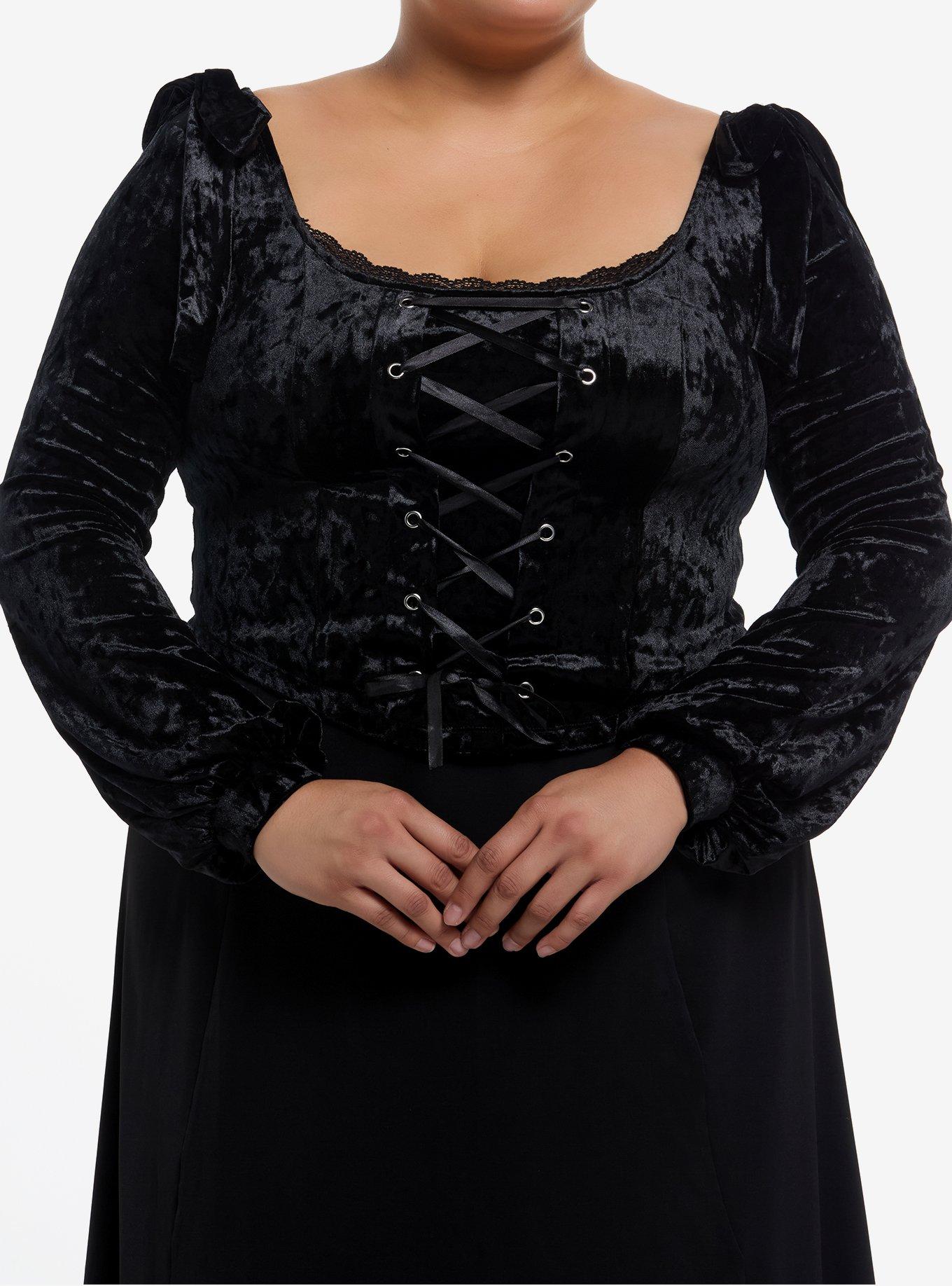 Cosmic Aura Black Velvet Lace-Up Girls Crop Long-Sleeve Top Plus Size, , hi-res