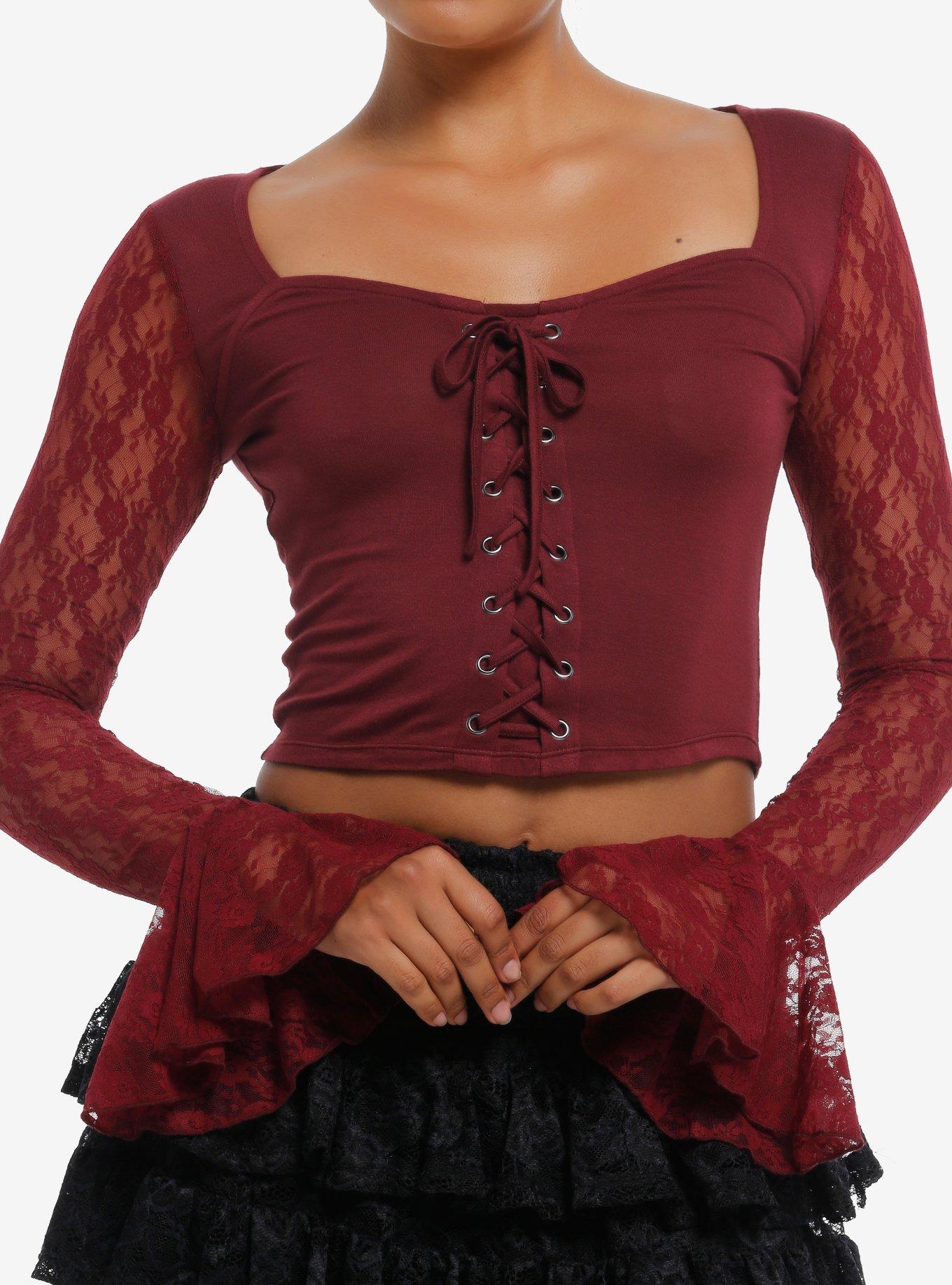 Cosmic Aura Burgundy Lace-Up Girls Crop Ruffle Long-Sleeve Top, , hi-res