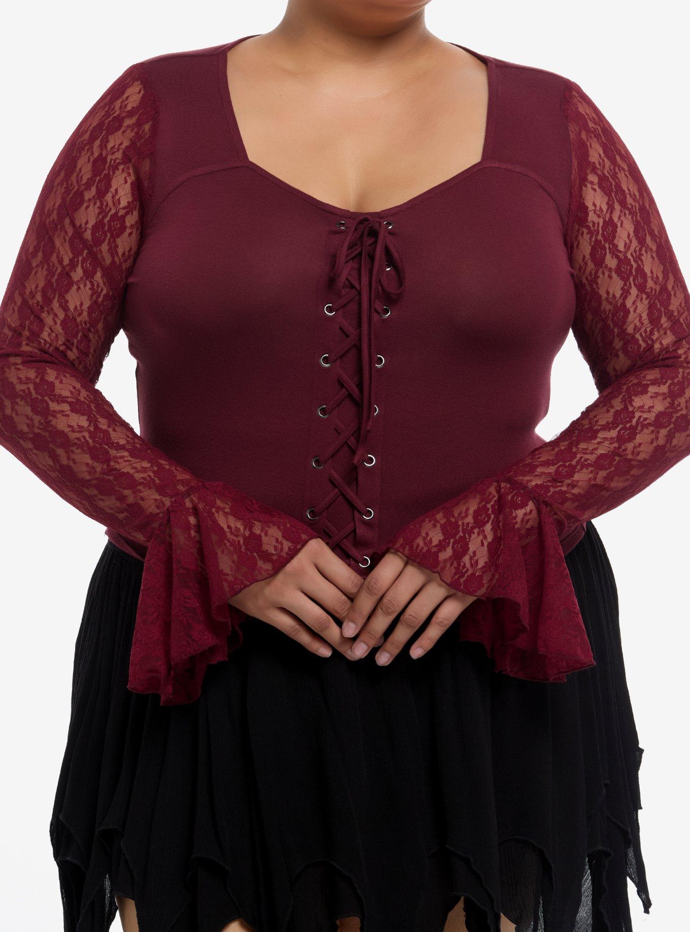 Cosmic Aura Burgundy Lace-Up Girls Crop Ruffle Long-Sleeve Top Plus Size, RED, hi-res