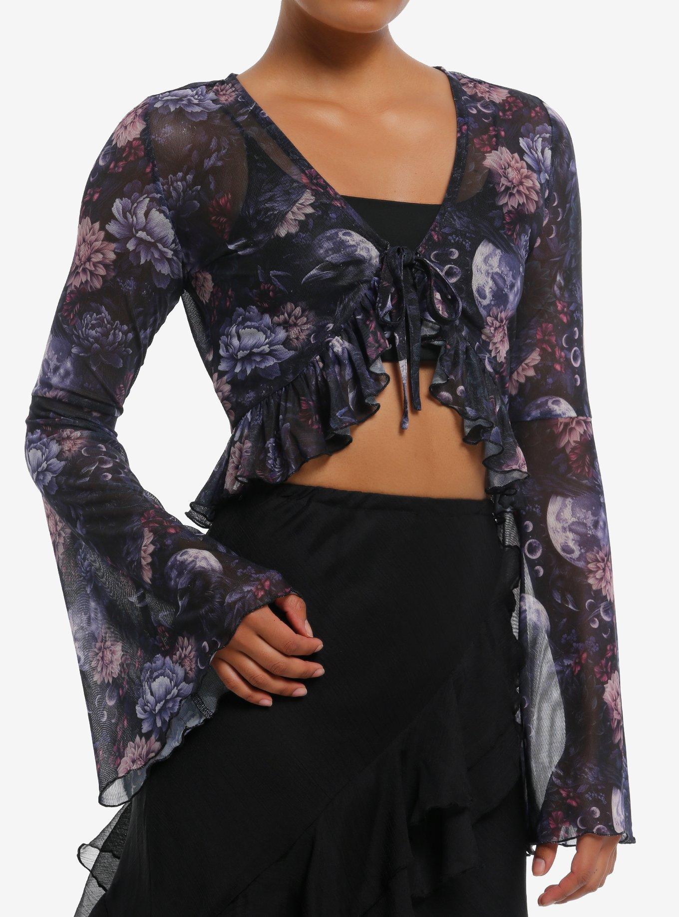Cosmic Aura Dark Floral Ruffle Girls Bell Sleeve Shrug, , hi-res