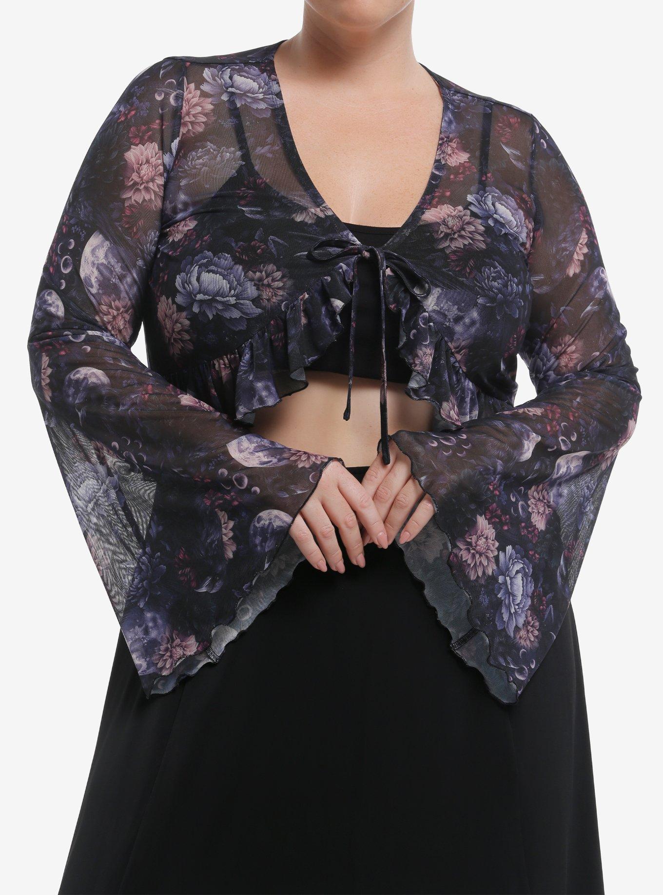 Cosmic Aura Dark Floral Ruffle Girls Bell Sleeve Shrug Plus Size, , hi-res