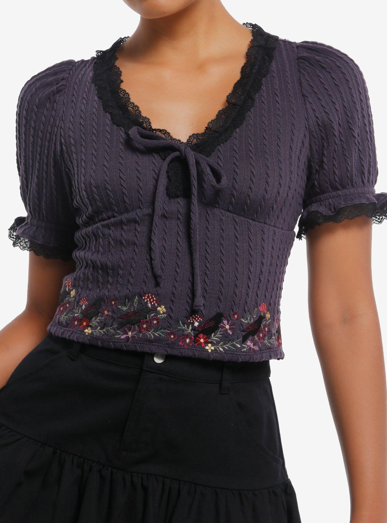 Cosmic Aura Purple Raven Floral Knit Girls Crop Top, , hi-res
