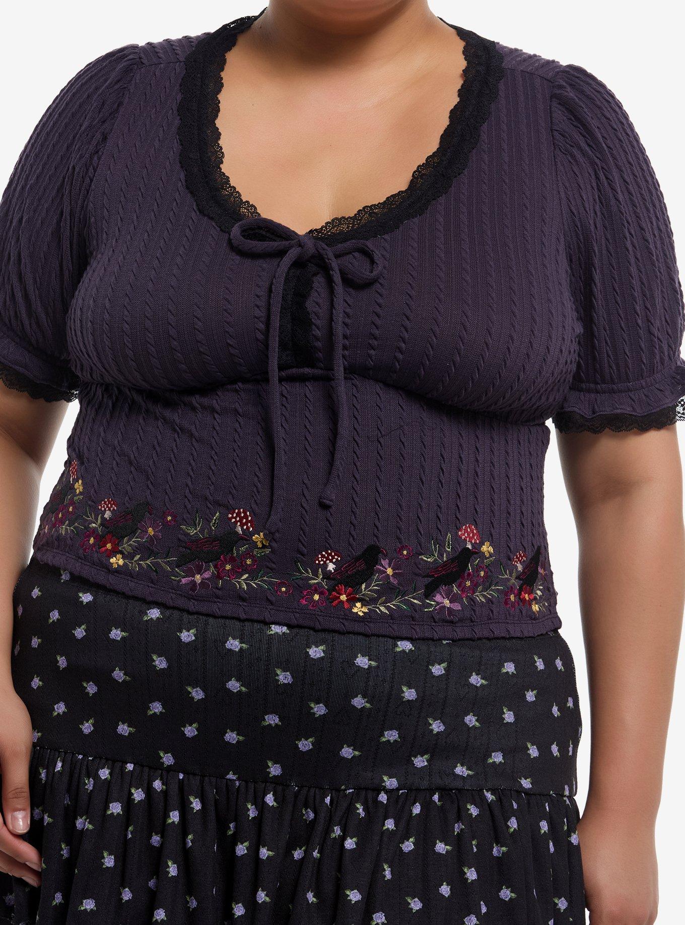 Cosmic Aura Purple Raven Floral Knit Girls Crop Top Plus Size, , hi-res