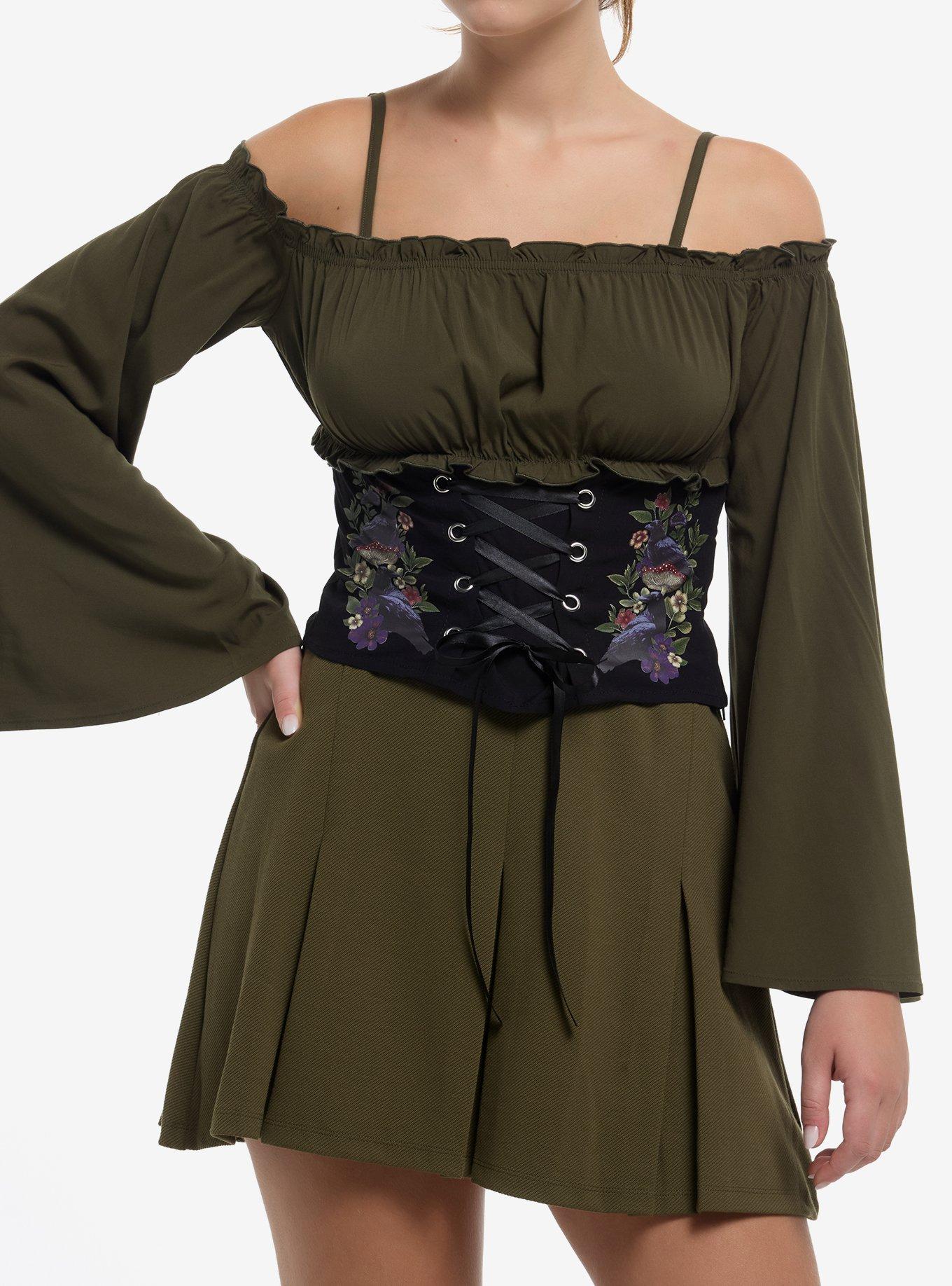 Cosmic Aura Green & Black Lace-Up Cold Shoulder Girls Bell Sleeve Top, , hi-res