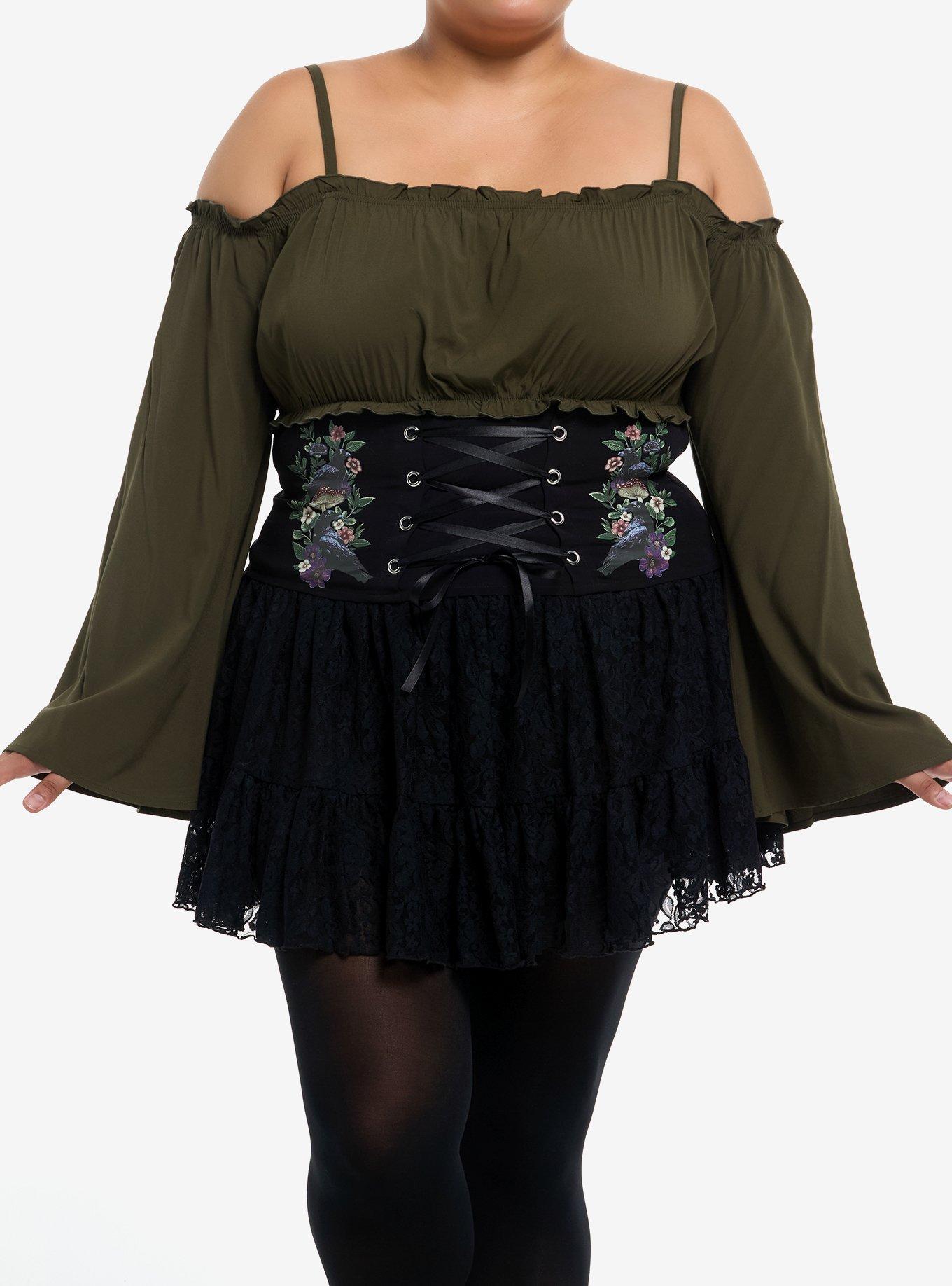 Cosmic Aura Green & Black Lace-Up Cold Shoulder Girls Bell Sleeve Top Plus Size, , hi-res