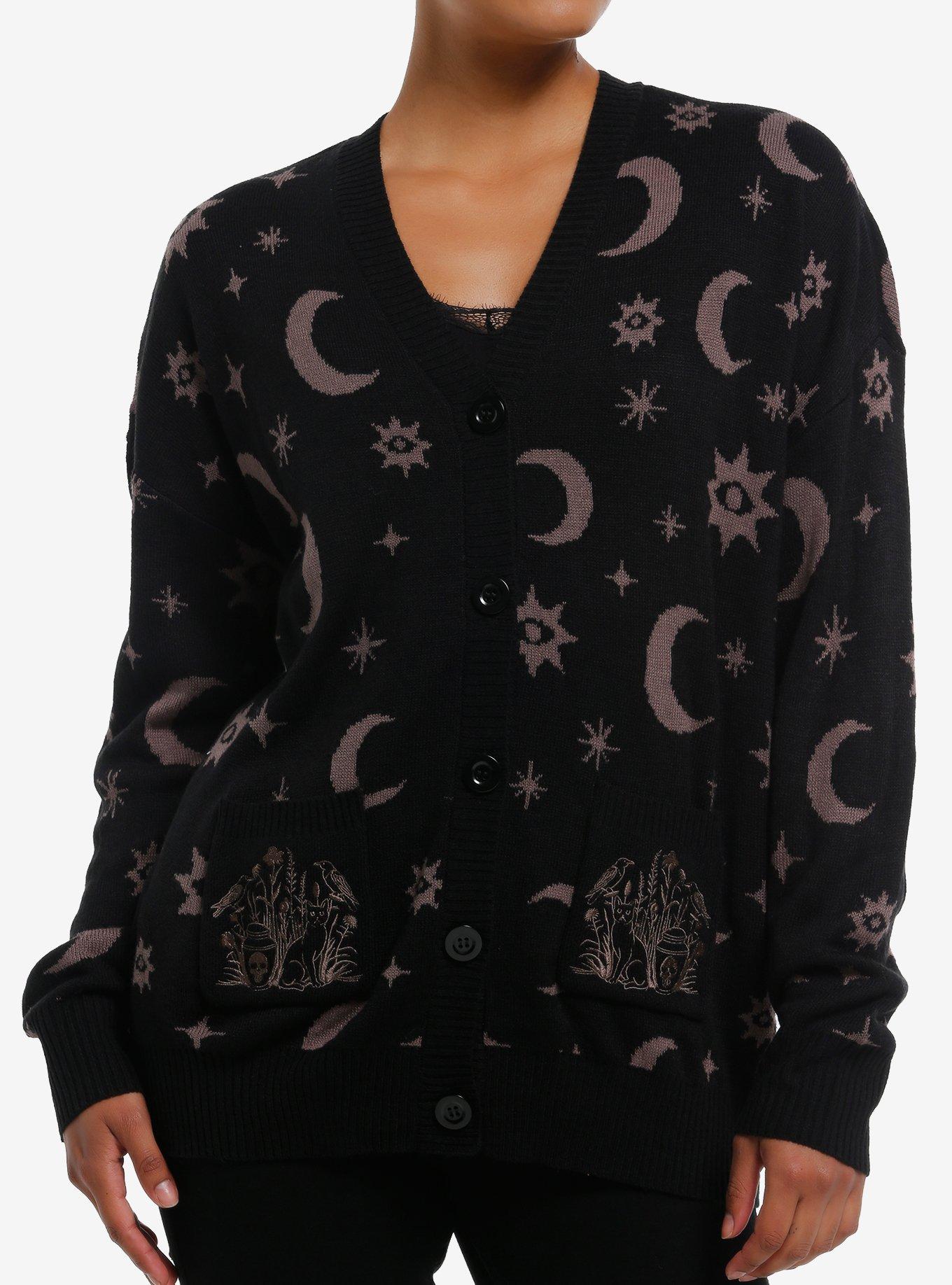 Cosmic Aura Crescent Moon Embroidered Pocket Girls Cardigan, , hi-res